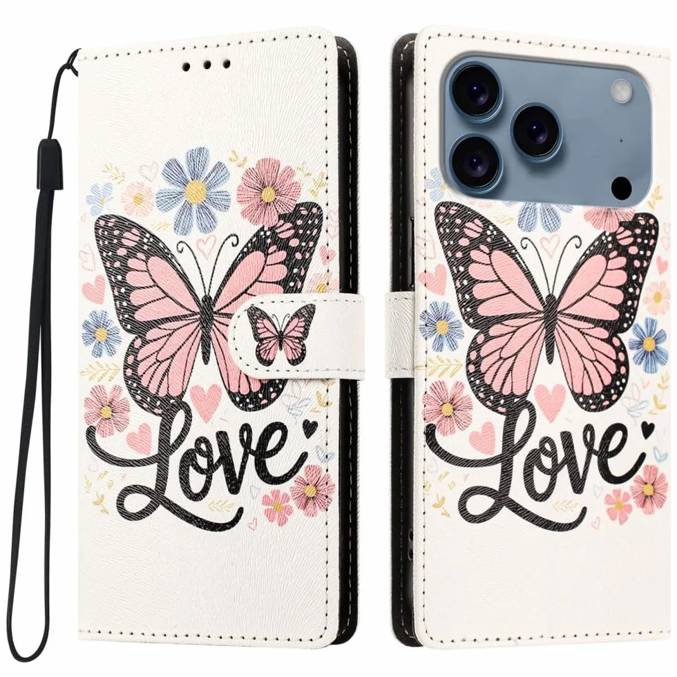 Generic etui kompatybilne z iPhone 14 Plus (wzór: różowy motyl) odporne na wstrząsy etui magnetyczne z klapką portfel etui na karty wzór