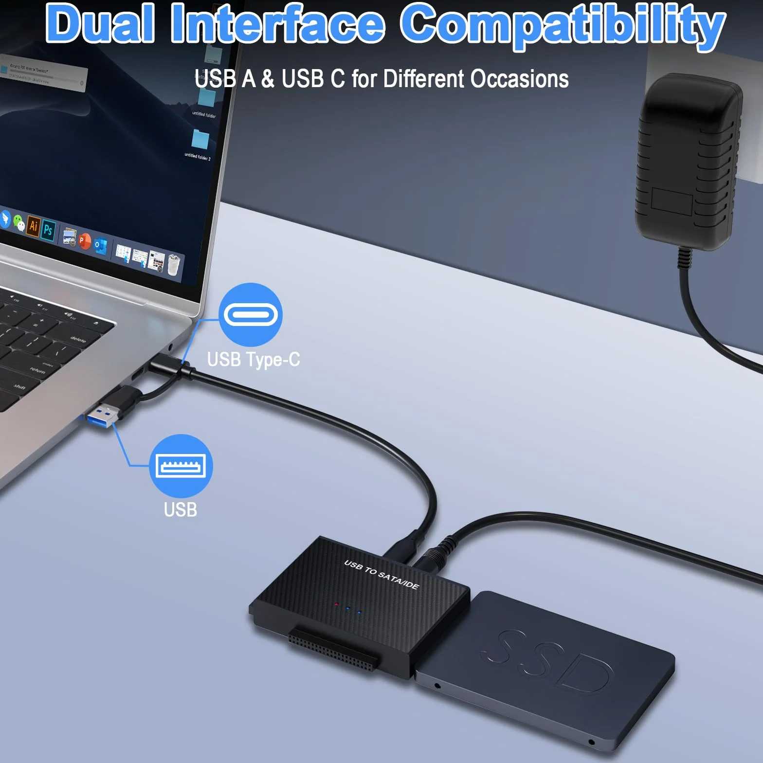 Adapter USB 3.2 na SATA/IDE, dysk twardy, odpowiedni do dysków twardych SATA 6.3 cm i 8.9 cm, obsługuje pojemność 6 TB, z zasilaczem 12 V 2 A, kompatybilny z Windows/Mac OS/Linux itp.