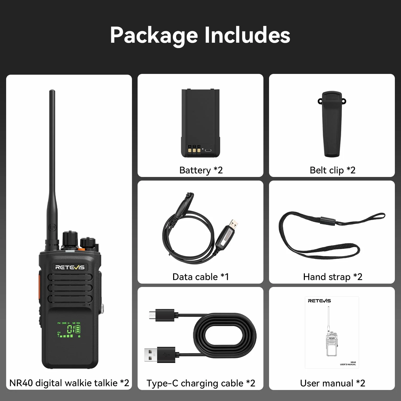 Retevis NR40 Krótkofalówki Dalekiego Zasięgu, Radiotelefon DMR Wodoodporny, 2800 mAh, Odporność na Wstrząsy, Czysty Dźwięk, Profesjonalne Radio Przenośne dla Budownictwa (Czarne, 2 Opakowania)
