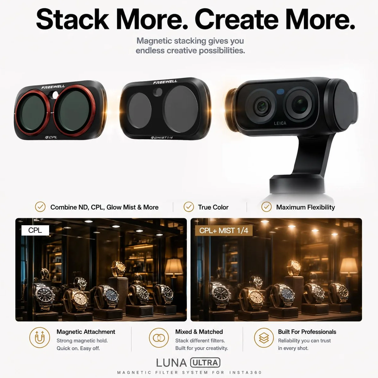 Freewell Codzienny kreatywny zestaw filtrów do Insta360 Luna Ultra | Zawiera ND1000, CPL, Glow Mist 1/4 i filtry LPR do długiej ekspozycji, poświaty i fotografowania w nocy.