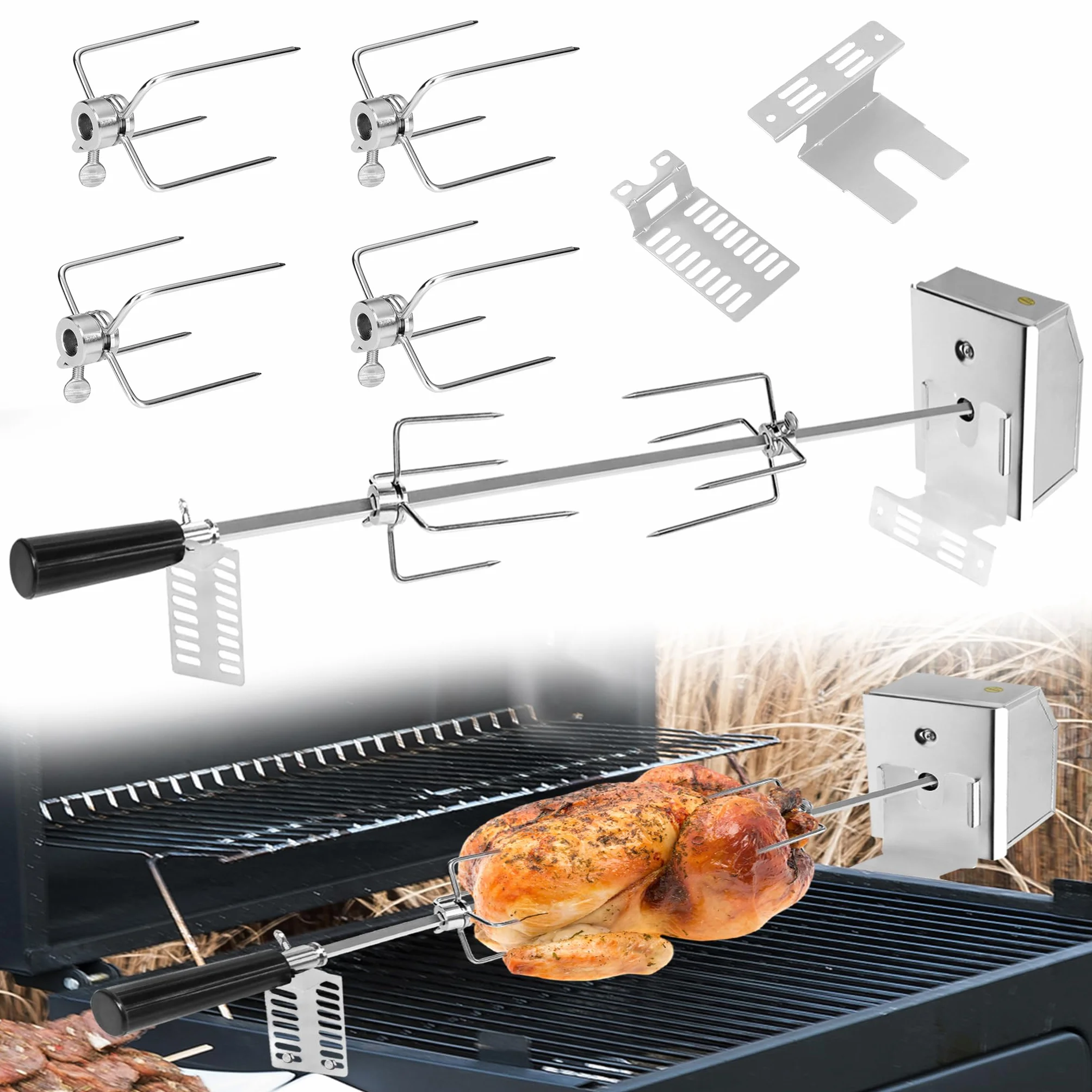 Rotisserie rożen do grilla gazowego, 107 cm, ze stali nierdzewnej, z 4 igłami do mięsa, uniwersalne zastosowanie, silnik elektryczny 220 V – 240 V, do grilla gazowego