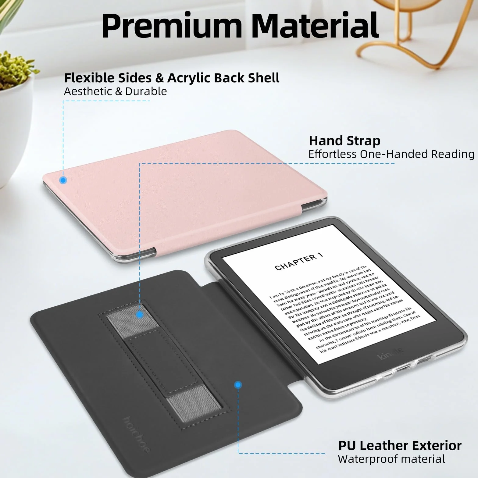Etui na Kindle 15.2 cm 2024/2022 (11 generacji), lekki pokrowiec ze skóry PU i przezroczysta twarda tylna obudowa z paskiem na rękę, automatyczne uśpienia/budzenie (sakura pink)