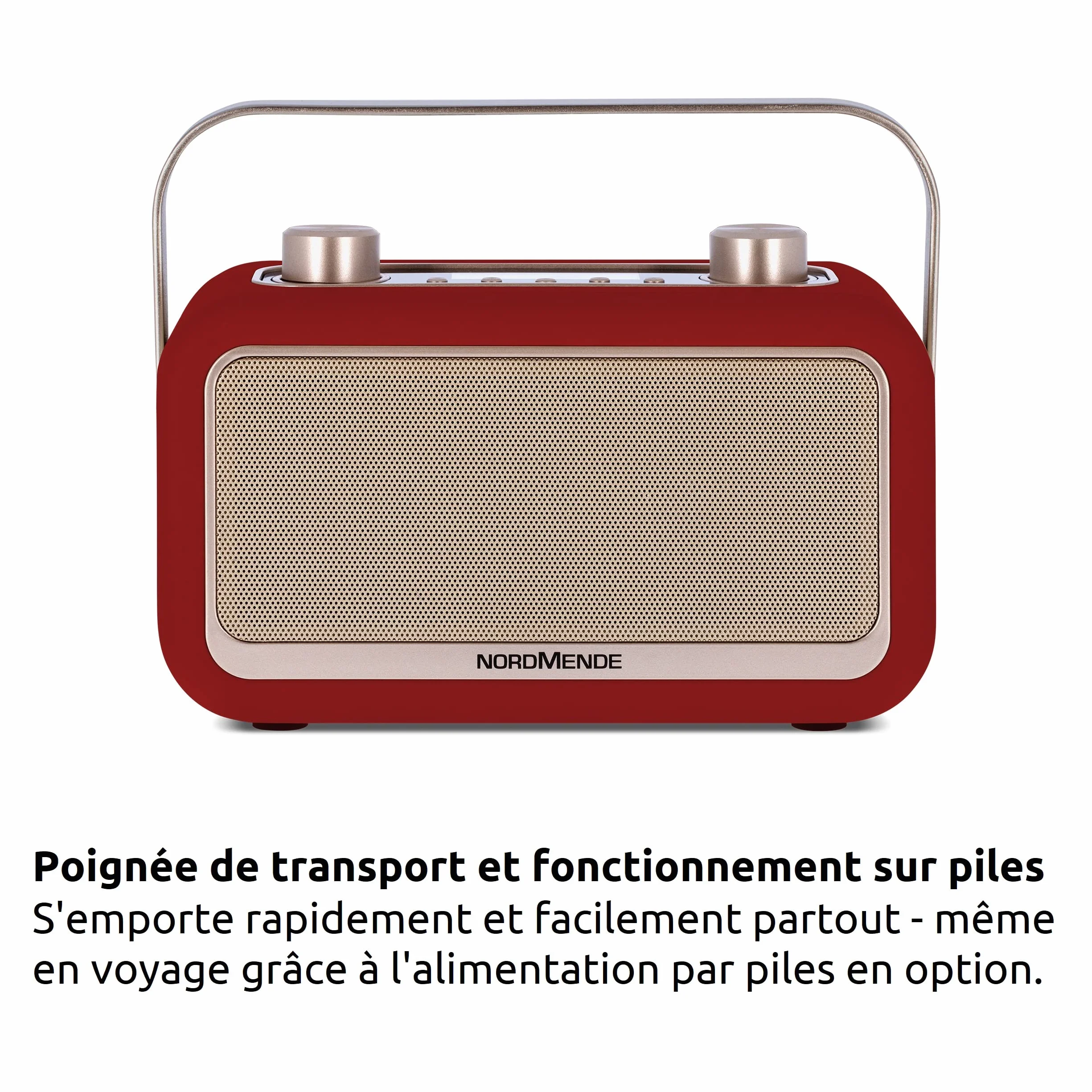 Nordmende Transita 30 – przenośne radio cyfrowe (DAB+, UKW, strumieniowe przesyłanie dźwięku przez Bluetooth, budzik, godzina, pamięć ulubiona, wyświetlacz LCD, złącze słuchawkowe, 2 głośniki stereo 3 W), kolor czerwony