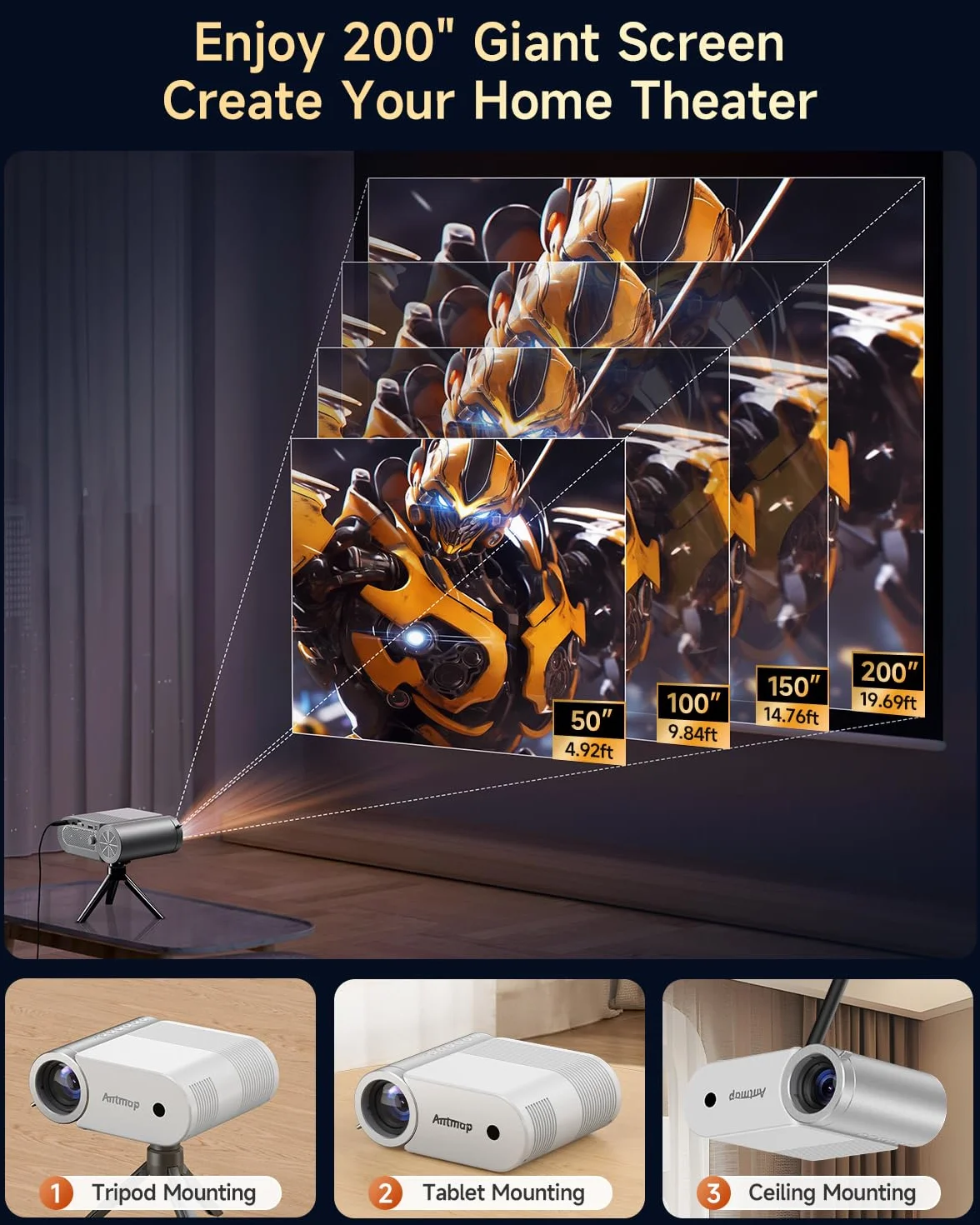 Mini projektor z WiFi i Bluetooth, 400 ANSI projektory zewnętrzne 1080p do iPhone'a, projektor kina domowego, obsługa 4K, do sypialni, 508.0 cm, bezprzewodowe projektory WiFi do smartfona/HDMI/USB/TV