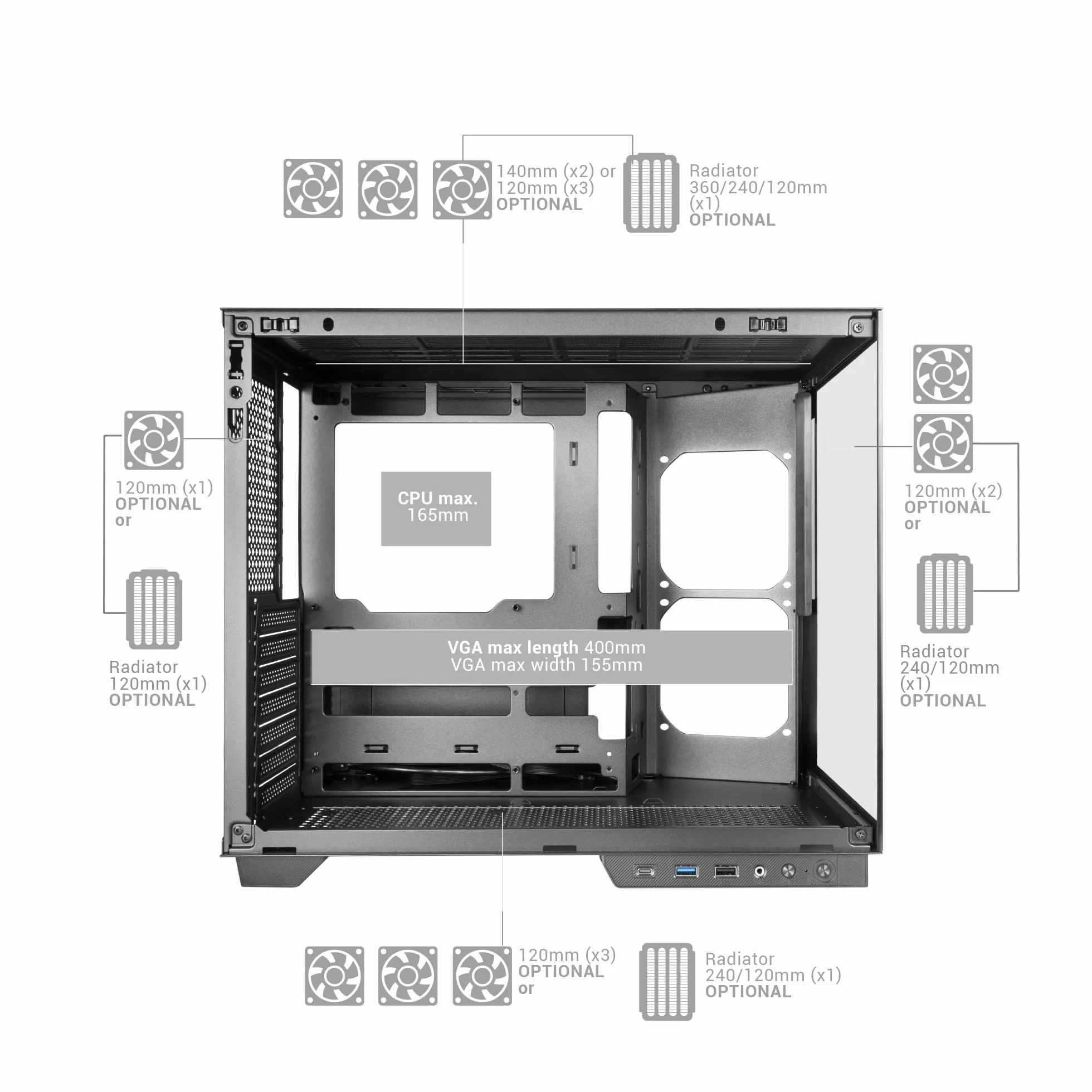 Mars Gaming MC-MIRAGE, Obudowa Gamingowa ATX, Ekran LCD IPS 7,2” Personalizowany, Ciągły Szkło Hartowane Przedni i Boczny Panel, Struktura Podwójnej Komory, Wsparcie Chłodzenia Cieczą do 360mm, Biały