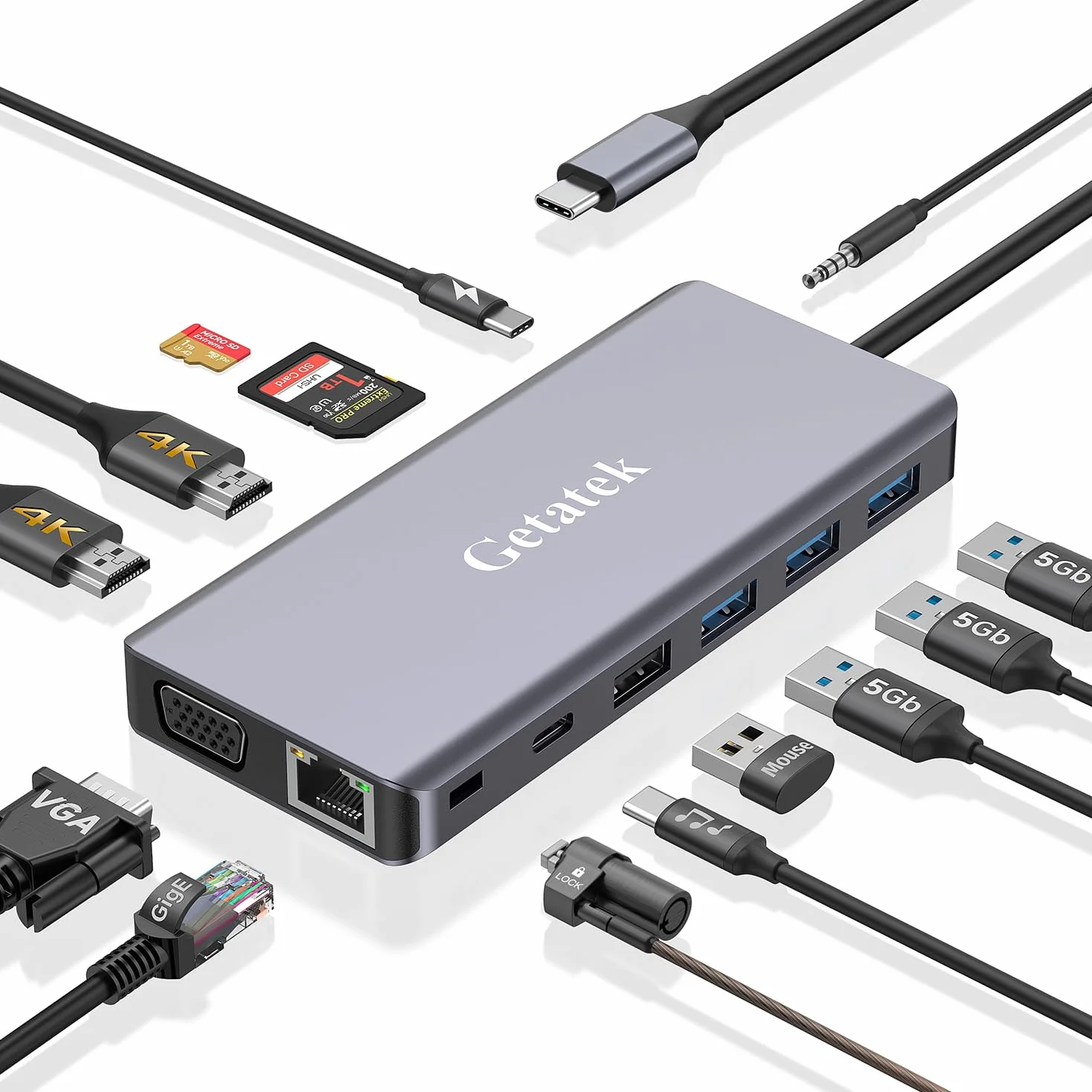 Stacja dokująca USB C, 14 w 1, stacja dokująca USB C, potrójny wyświetlacz, stacja dokująca do laptopa z podwójnym HDMI, VGA, PD, RJ45, SD/TF, 3 USB 3.0, USB 2.0, audio, port danych typu C, blokada