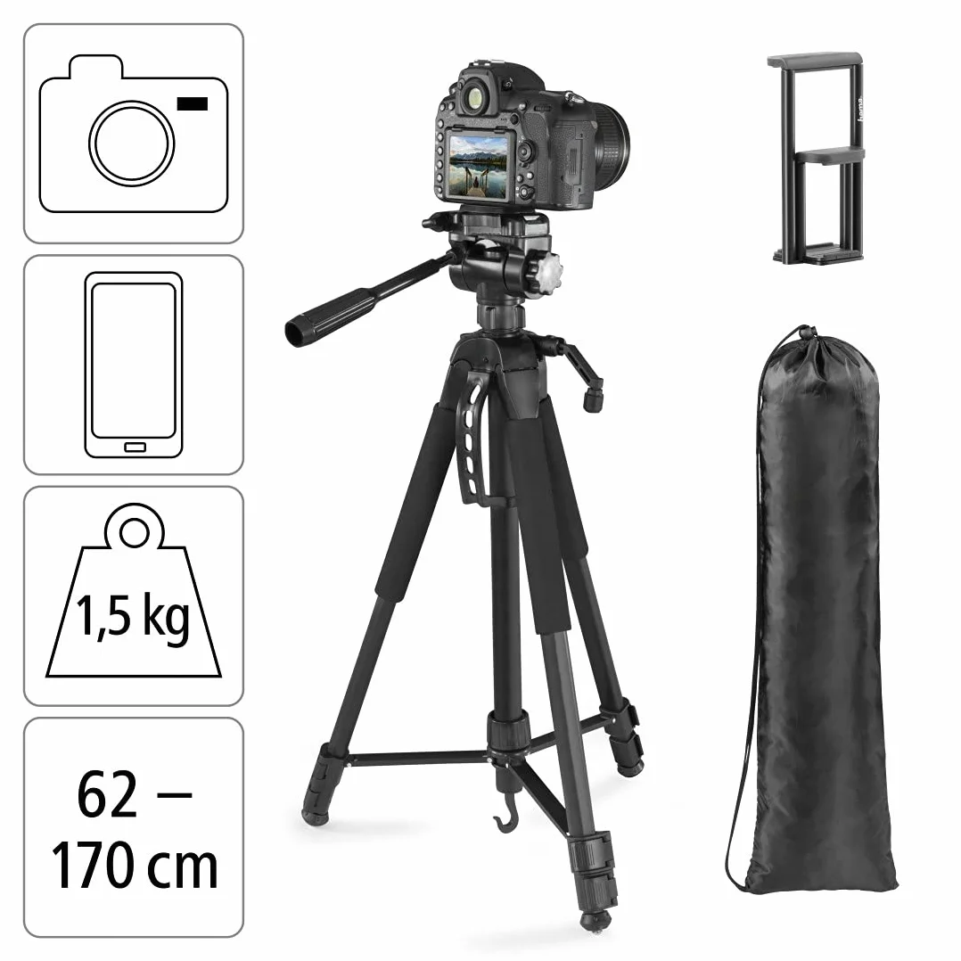 Hama Action 170 Statyw do aparatu 3D o wysokości 62-170 cm, statyw fotograficzny z uchwytem na telefon komórkowy i uchwytem na tablet, statyw z głowicą 3-kierunkową, statyw do lustrzanki z torbą