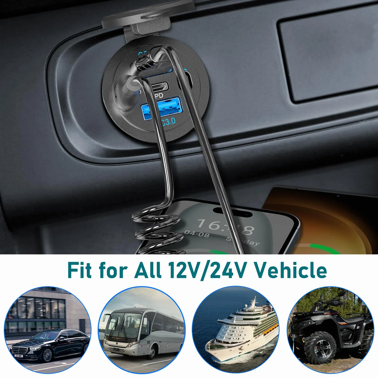 12V USB C Outlet 90W 4 Ports Car Charger Socket, Dual PD 36W i Dual QC 18W Car USB Port 12V Ładowarka z przełącznikiem przyciskowym i kablem C do C, nadaje się do łodzi morskiej autobusowej ciężarówki