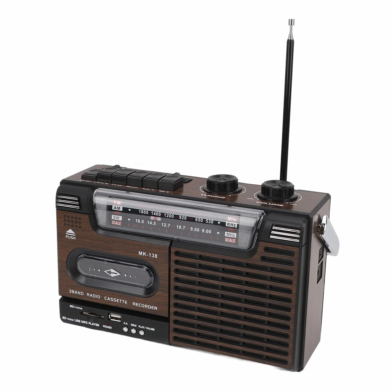 Przenośny Odtwarzacz Kasetowy, Magnetofon Radiowy Retro AM FM SW Boombox z Gniazdem Karty Pamięci USB Gniazdo Słuchawkowe, do Drewna Samochodowego, na Baterie lub na Prąd (wtyczka UE)