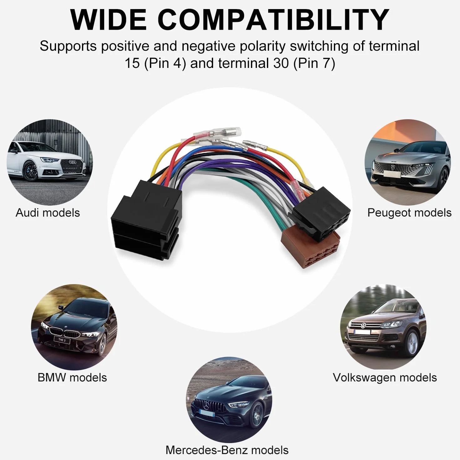 Zestaw adapterów radiowych do samochodów 16-pinowe złącze ISO do gniazda, adapter antenowy DIN/ISO zacisk 15 + 30 wtykowy przedłużacz adaptera radiowego, kompatybilny z Opel VW Fiat Mercedes