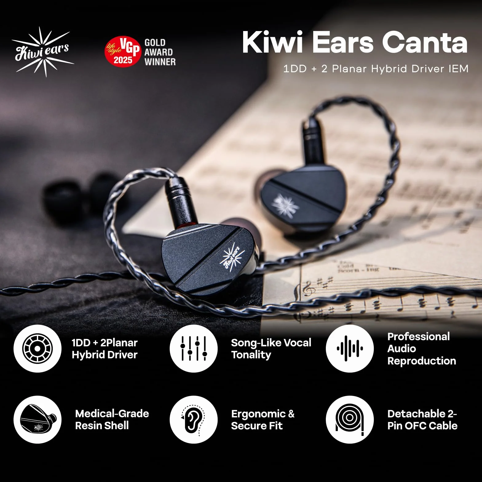 LINSOUL Kiwi Ears Canta słuchawki douszne, 1DD+2Planar Hybrid dokanałowe, słuchawki do gier, HiFi przewodowe IEM, z odpinanym kablem IEM dla muzyków audiofilów