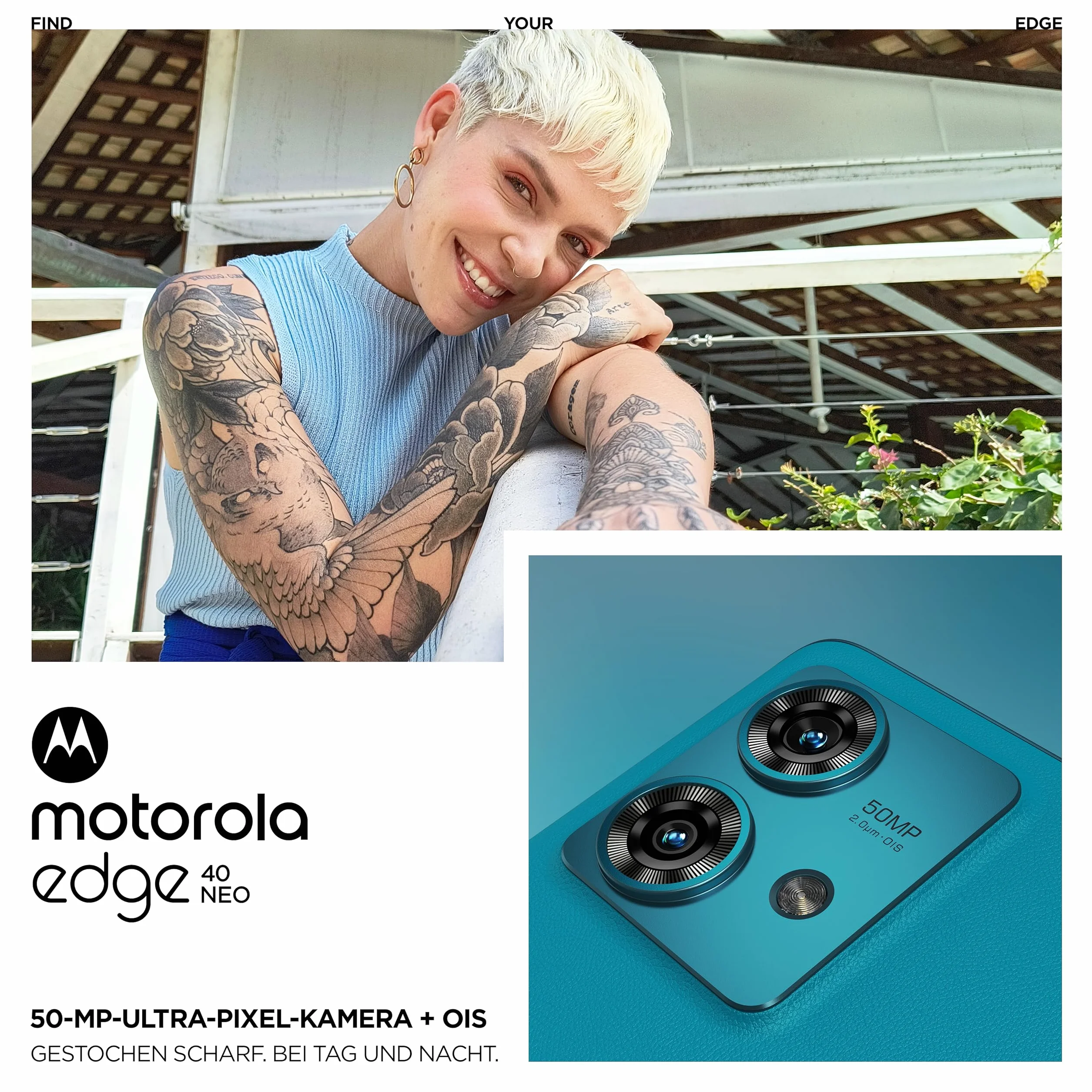 Motorola - Moto Edge40 Neo, smartfon, wyświetlacz FHD+ 6,55", aparat 50 MP, 12/256 GB, 5000 mAh, Android 13, Caneel Bay (jasnoniebieski), z etui ochronnym + adapterem samochodowym [Ekskluzywnie na