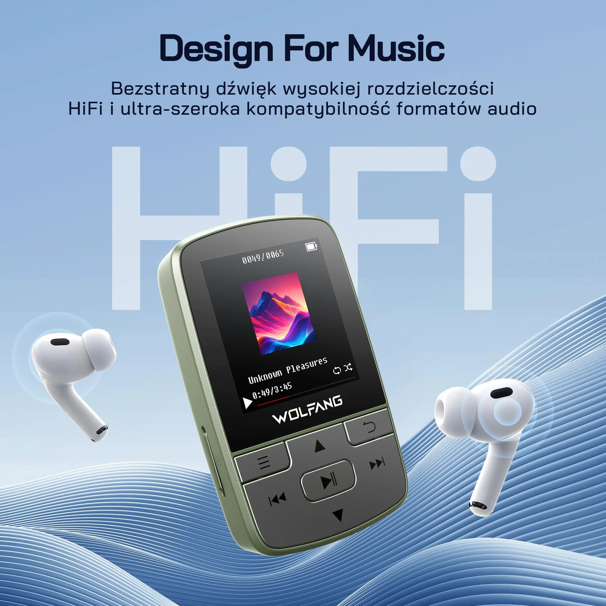 WOLFANG Odtwarzacze MP3 z Bluetooth 5.2, klips sportowy, mini rozmiar, waga 28 g, radio HiF FM, dyktafon, słuchawki w zestawie, Zieleń Wojskowa