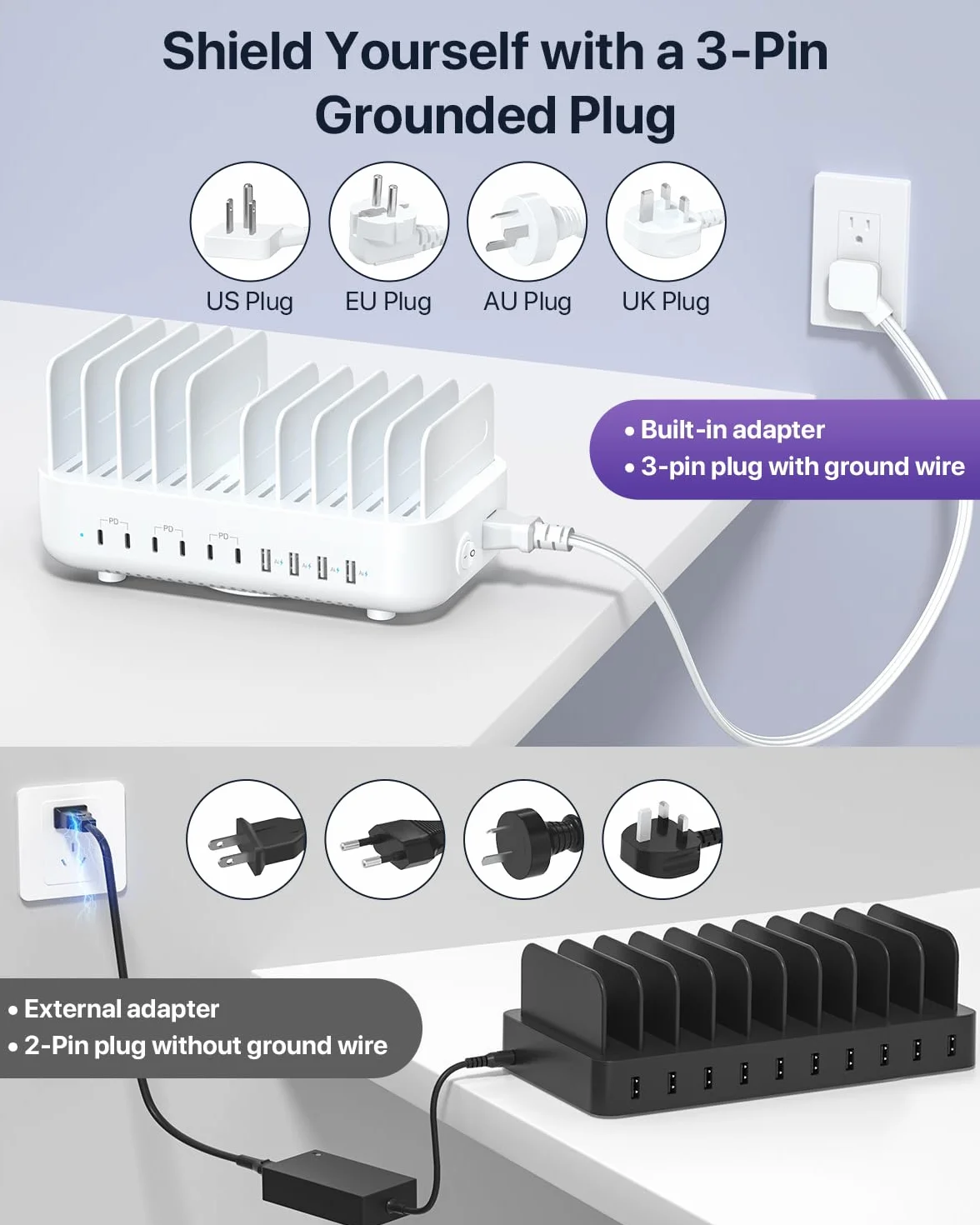 SooPii 100 W 10-krotna stacja ładująca USB z 6 portami USB-C i 4 portami USB-A, szybkie ładowanie PD, kompatybilna z lPhone, LPad, Galaxy i innymi urządzeniami, w tym 10 mieszanych kabli do ładowania