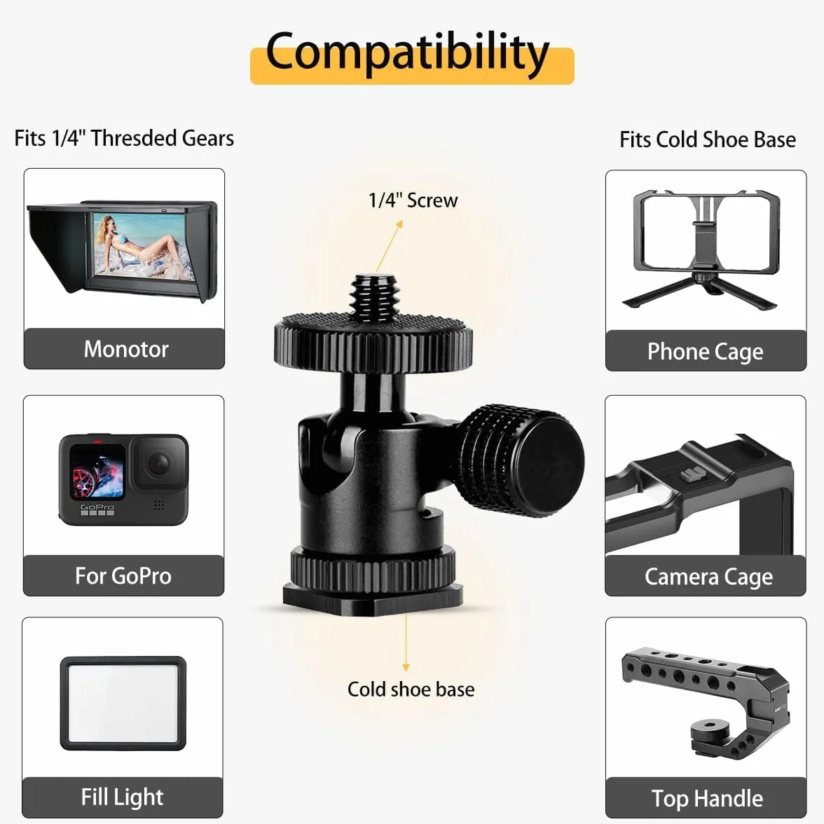 koolehaoda 1/4 Mini BallHead & Hot Shoe Adapter do montażu na statywie kamery wideo Light Statyw (1/4 Ball Head)