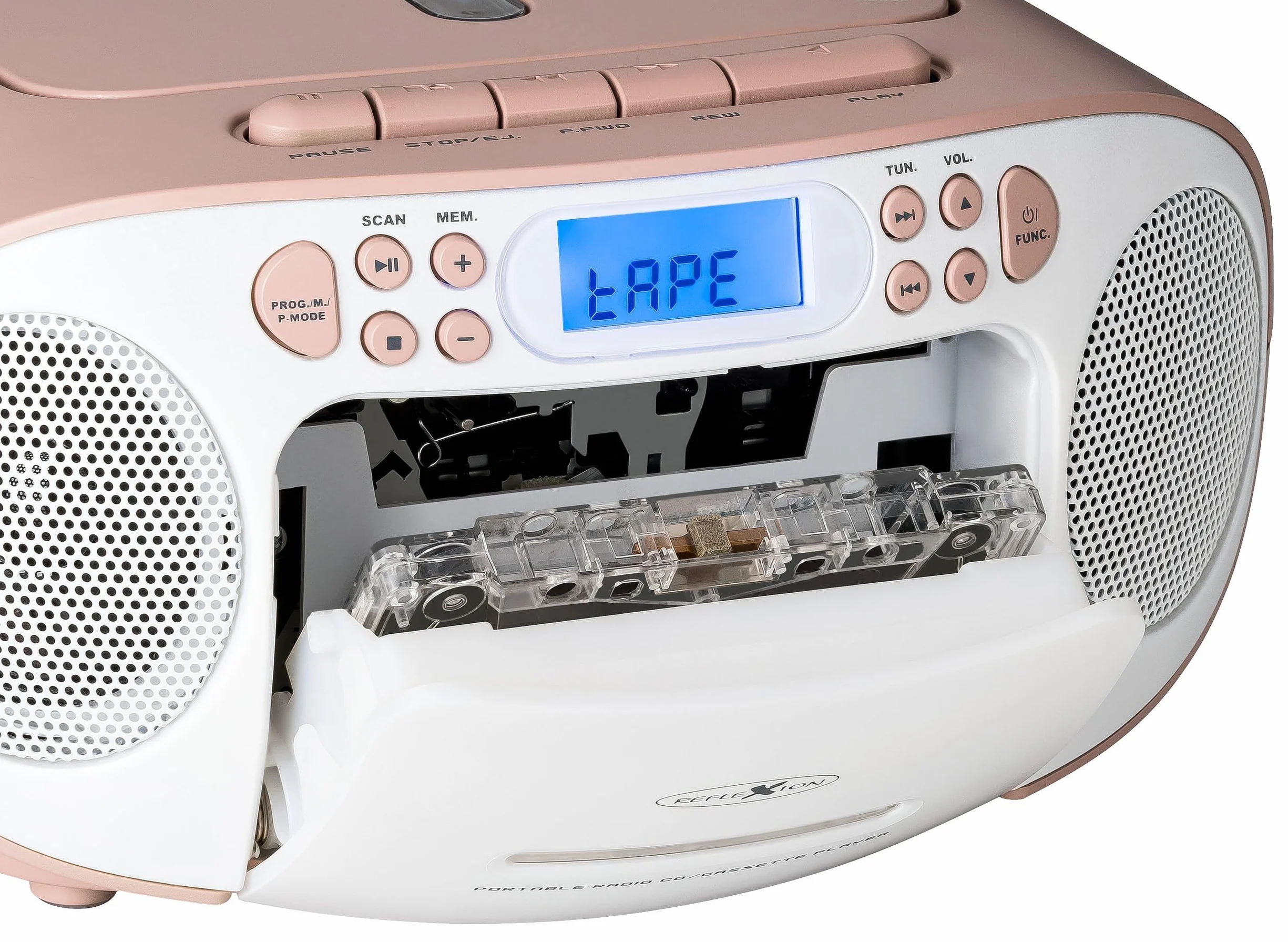 Reflexion RCR2260 odtwarzacz CD z kasetą i radiem do zasilania sieciowego i bateryjnego (radio PLL FM, wyświetlacz LCD, wejście AUX, złącze słuchawkowe), biały/różowy
