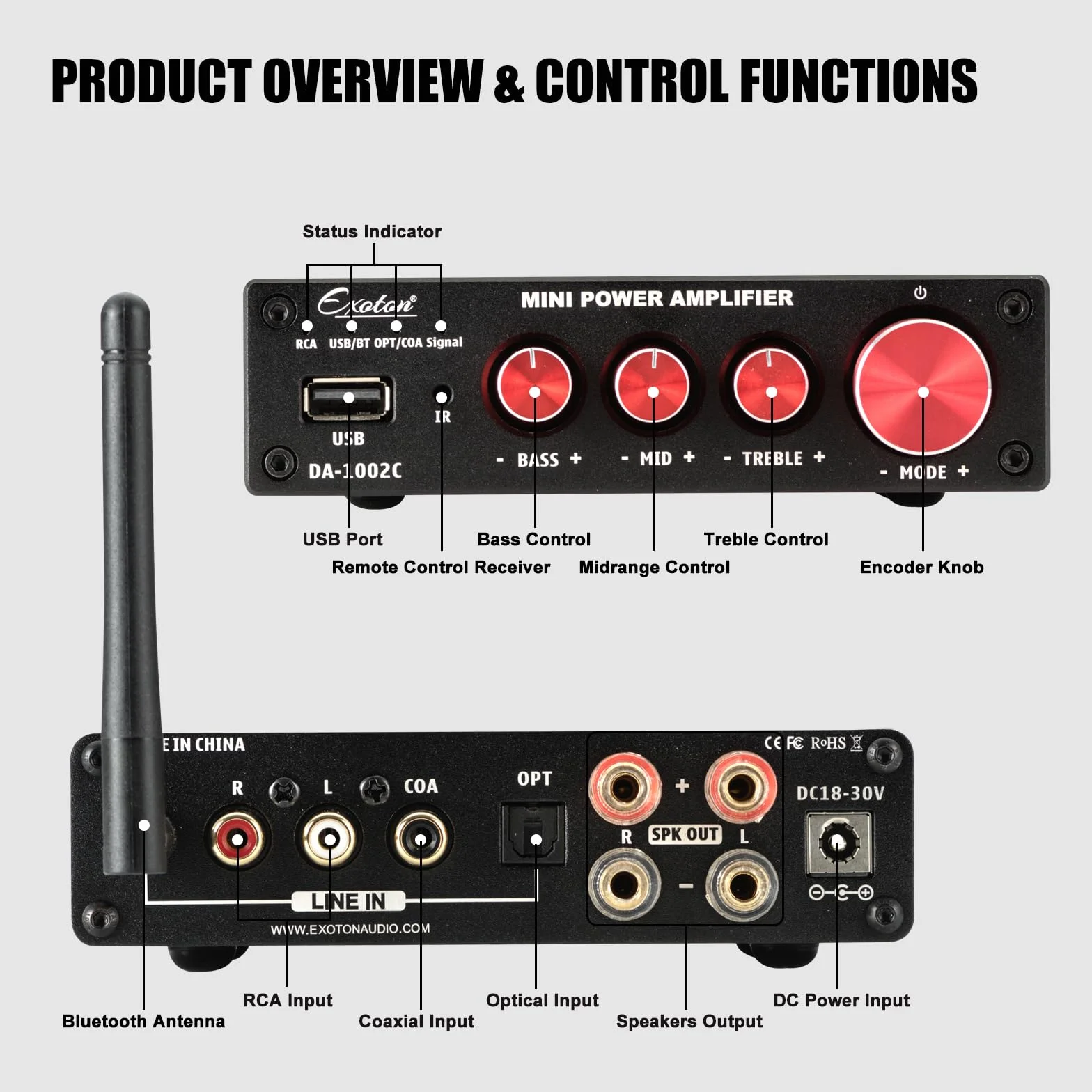 EXOTON 2-kanałowy wzmacniacz audio stereo Bluetooth 5.0, wbudowany mini wzmacniacz Hi-Fi klasy D 2.0 CH do głośników pasywnych, 100 W x 2 z regulacją basów i wysokich tonów