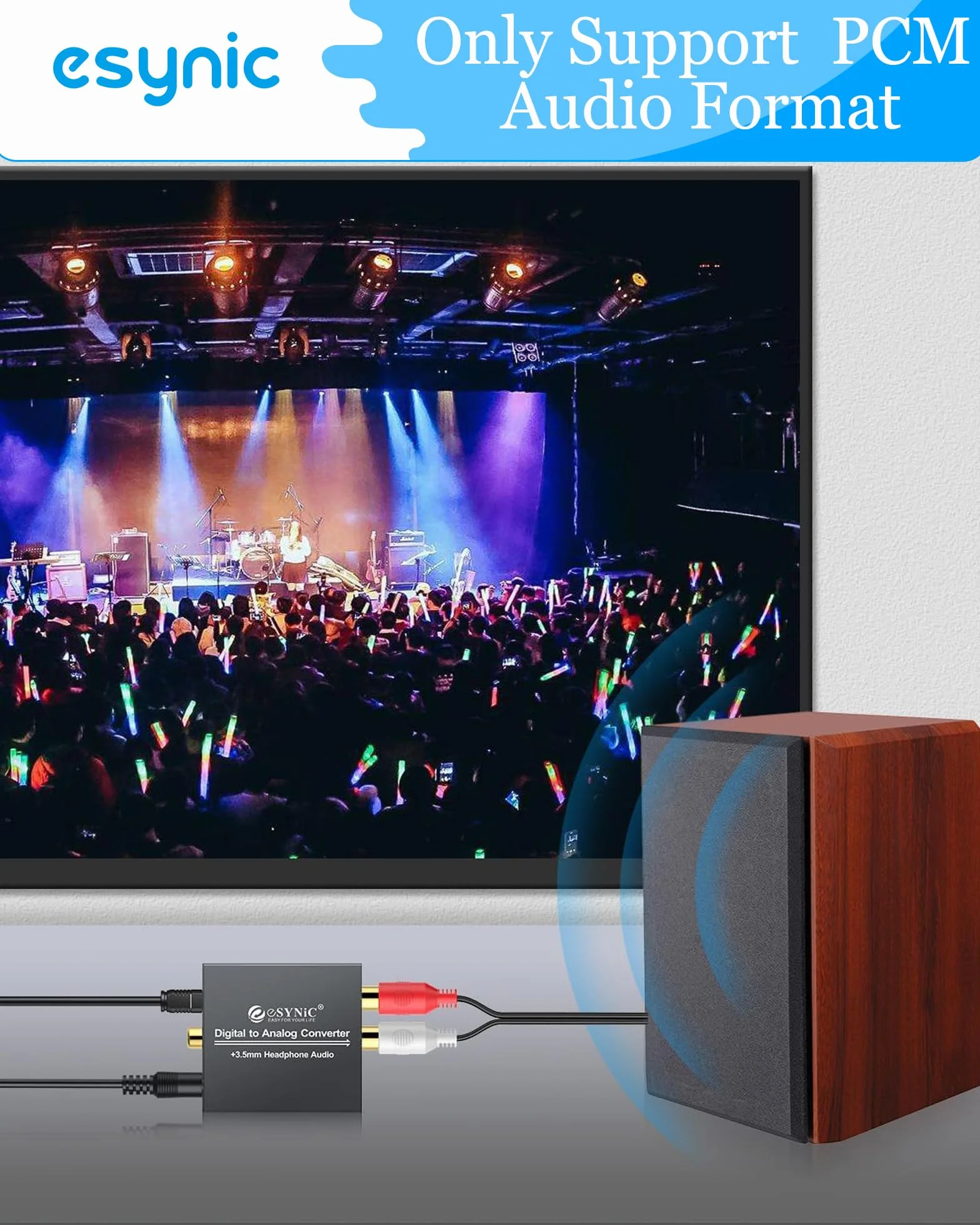 eSynic DAC konwerter cyfrowy na analogowy adapter audio RCA L/R wyjście 3,5 mm stereo z kablem optycznym do słuchawek PS3 Xbox 360 HDTV niebieski RAY DVD Sky HD Apple TV