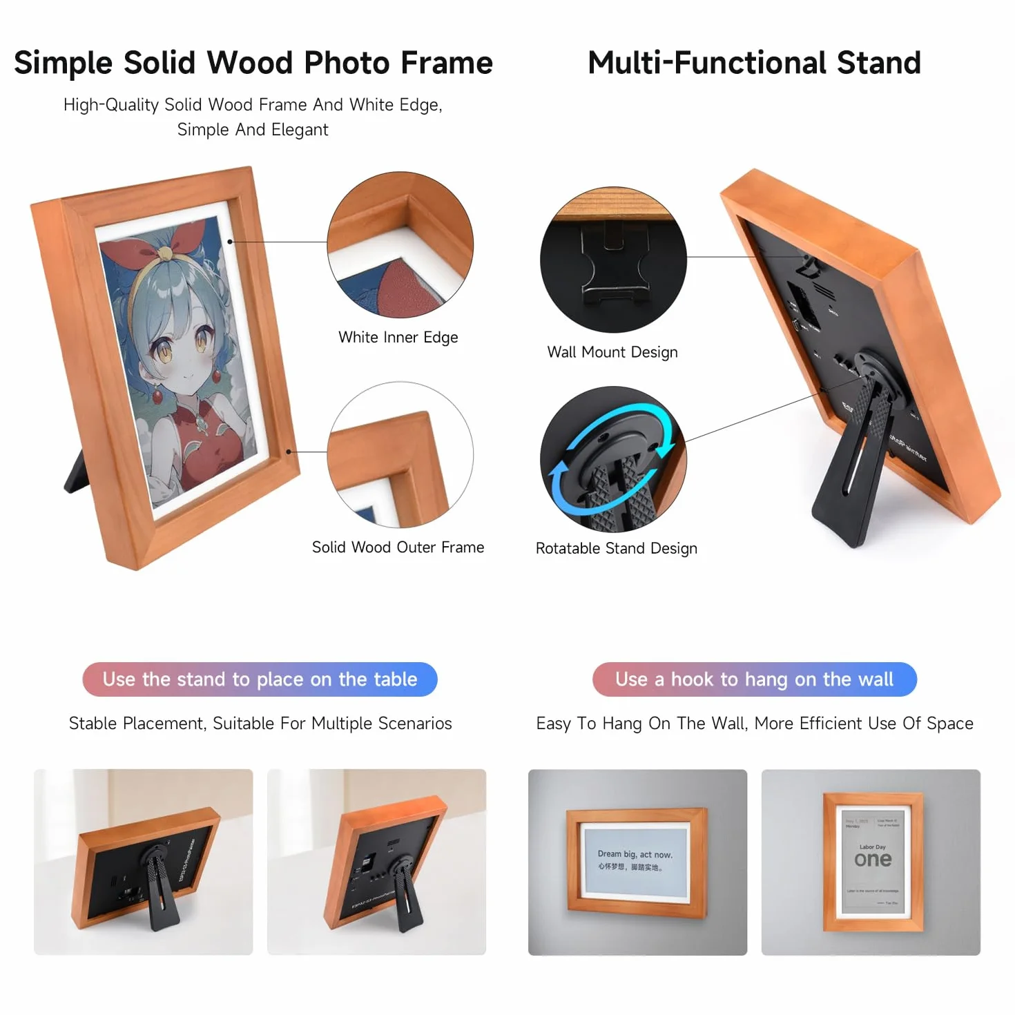 Waveshare ESP32-S3-PhotoPainter 7.3inch E6 Full Color E-Paper Display with Solid Wood Photo Frame, Ultra-Long Standby, 800 × 480 Resolution, No BAT
