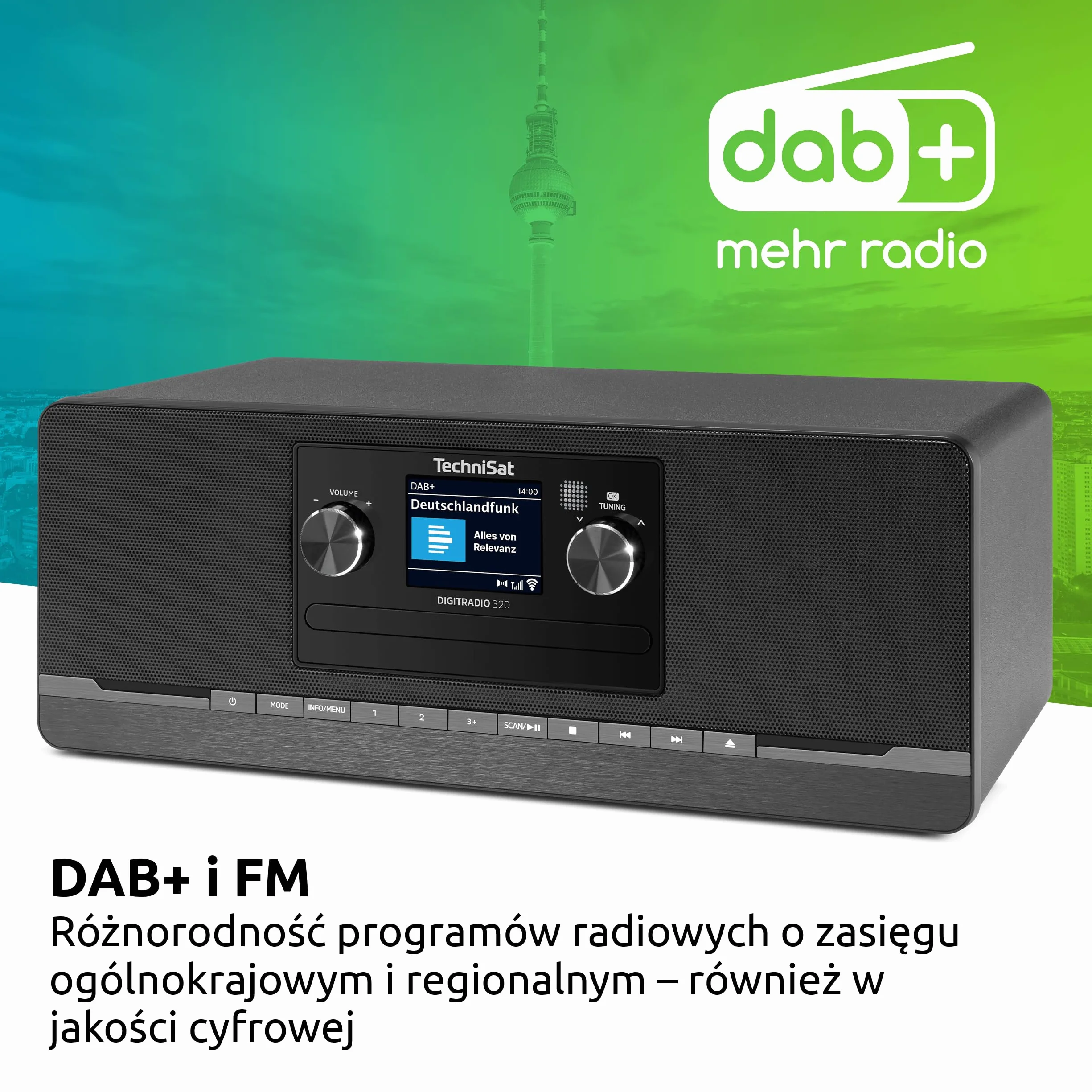 TechniSat DIGITRADIO 320 – Cyfrowe radio stereo (kompaktowy system z DAB+ i FM, odtwarzacz CD, Bluetooth, USB, 2×5 W RMS, kolorowy wyświetlacz TFT, pamięć ulubionych, budzik, timer snu, pilot)