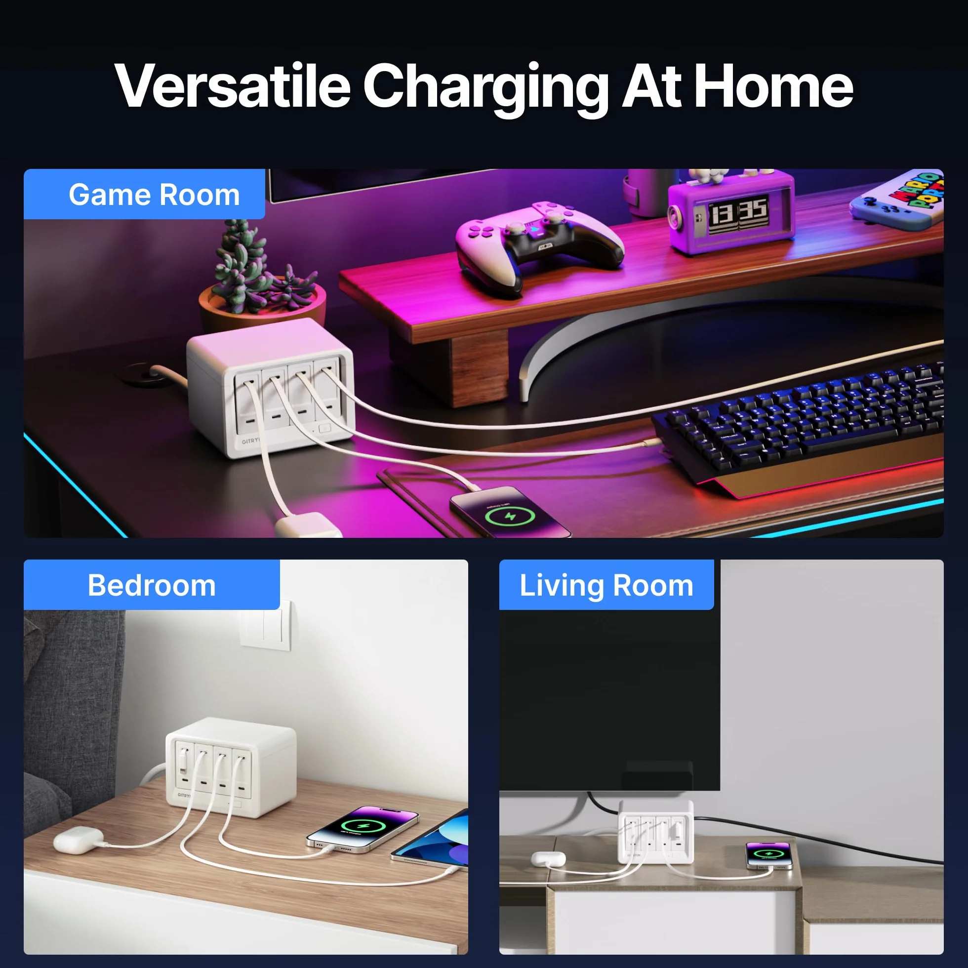 Gitryin Stacja ładująca 12 w 1 z 3 wysuwanymi ładowarkami typu C i 1 ładowarką Lightning, 40 W USB-C z kablem 80 cm, przedłużacz z zabezpieczeniem przed
