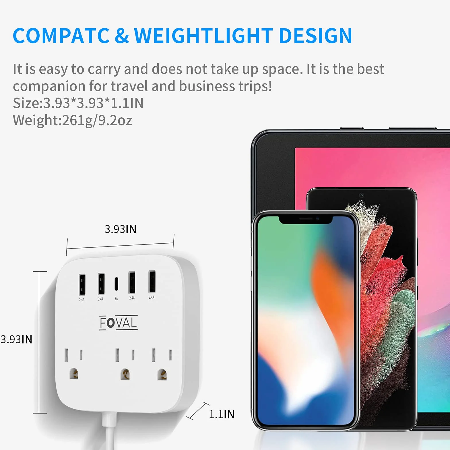 Europejski adapter podróżny FOVAL UE UK USA listwa zasilająca z USB C i 4 portami USB, 3 gniazda AC, montaż na ścianie, przedłużacz 1,5 m, kompaktowy do podróży, statku wycieczkowego, domowego biura