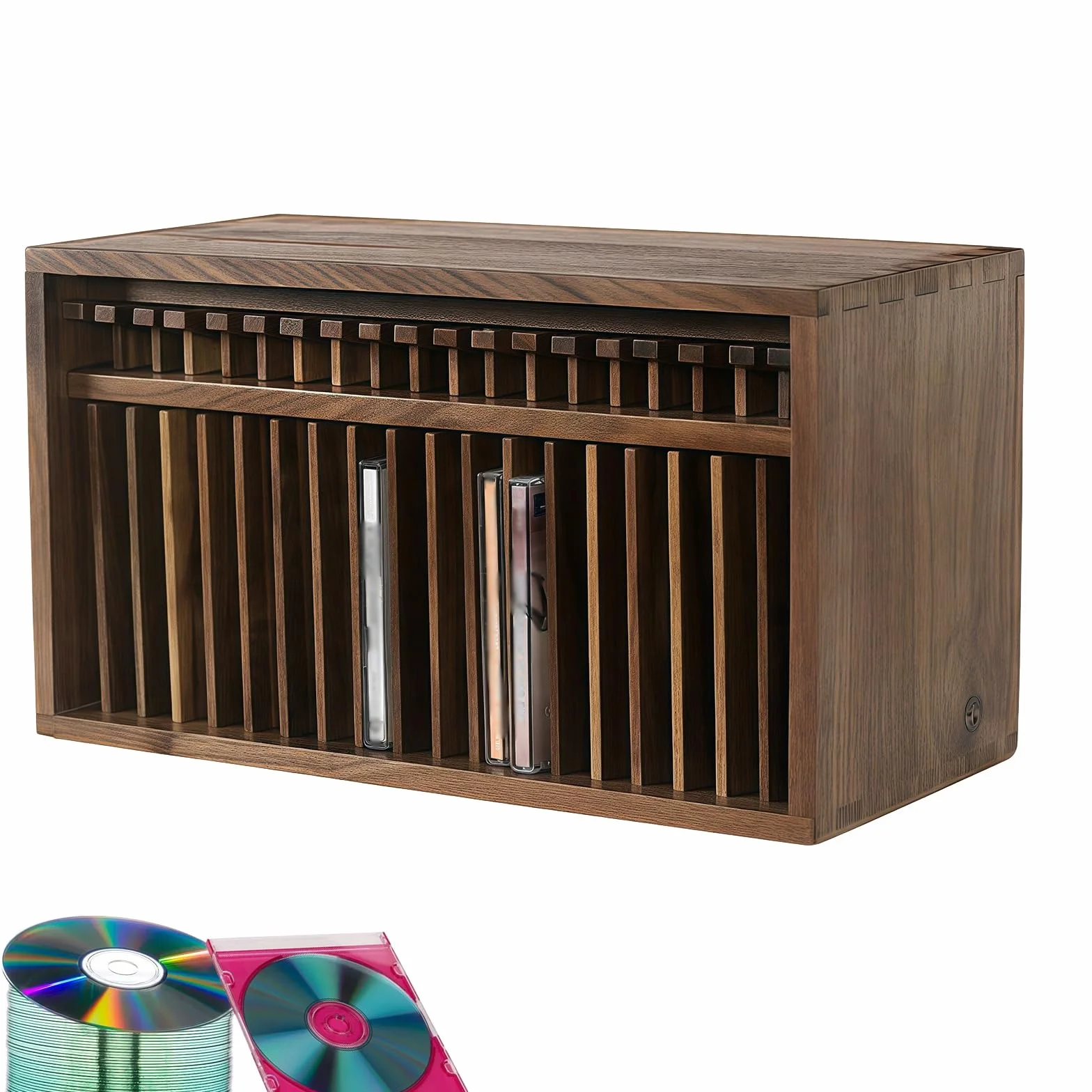 Drewniany stojak do przechowywania płyt CD, 19 gniazd, szafka na płyty DVD, pomieści etui na płyty CD, organizer vintage do domowego biura, pokoju muzycznego