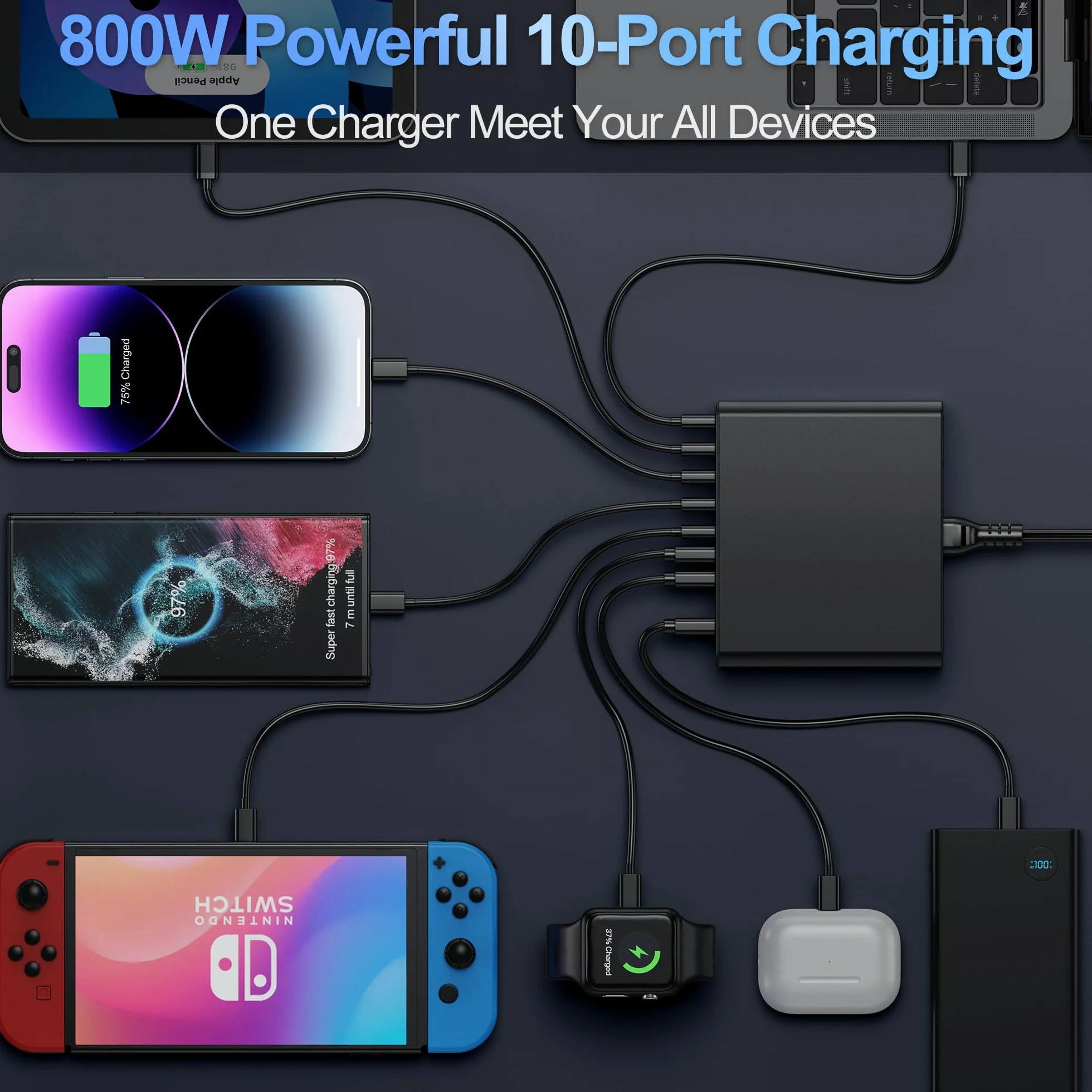 Blok ładujący USB C 800 W, 10-portowa stacja ładująca GaN typu C, adapter ładowarki ściennej USB A do MacBooka Pro/Air, iPhone, iPad, Dell XPS, Samsung Galaxy (czarny błyszczący)