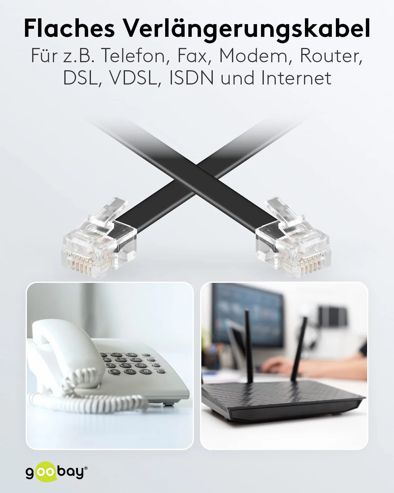 Goobay 50321 Modułowy kabel przyłączeniowy 3 metry, czarny - wtyczka RJ12 (6P6C) na wtyczkę RJ12 (6P6C)