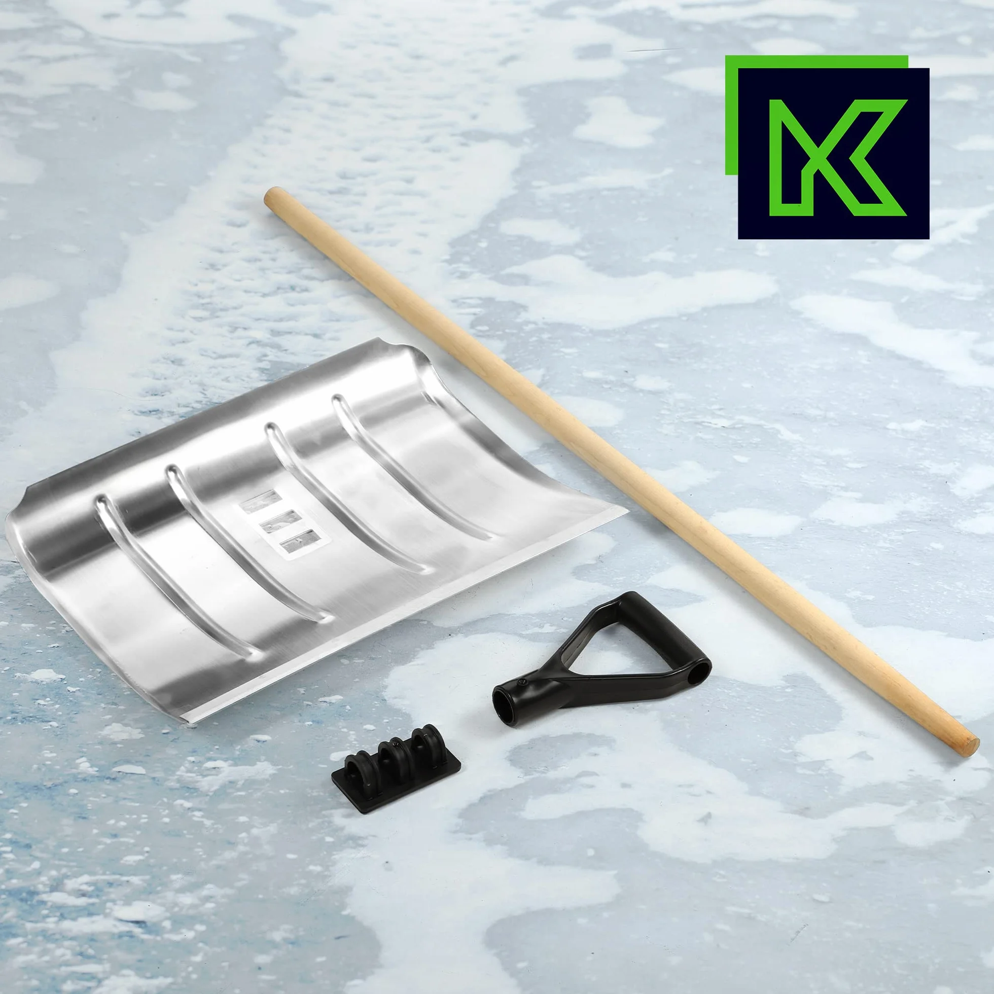 KADAX Łopata do śniegu aluminiowa z drewnianym trzonkiem i uchwytem D, szerokość 50 cm
