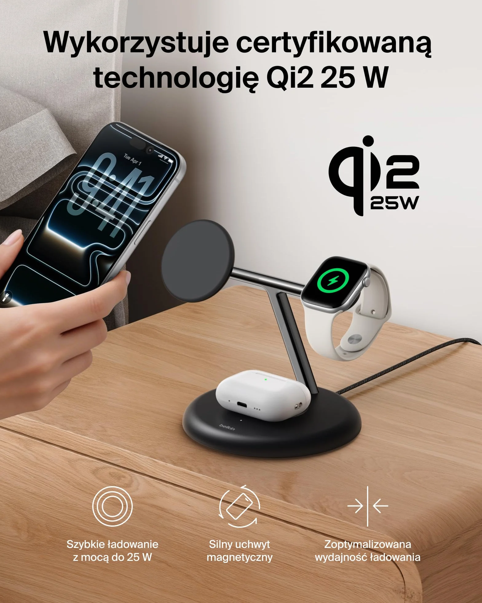 Belkin UltraCharge Bezprzewodowa Stacja Ładująca 3 w 1 z Qi2, 25 W – Czarna | Zgodna z MagSafe Ładowarka do Urządzeń iPhone, Apple Watch i Słuchawek, Certyfikat Qi2.2, z Kablem USB-C i Zasilaczem 45 W