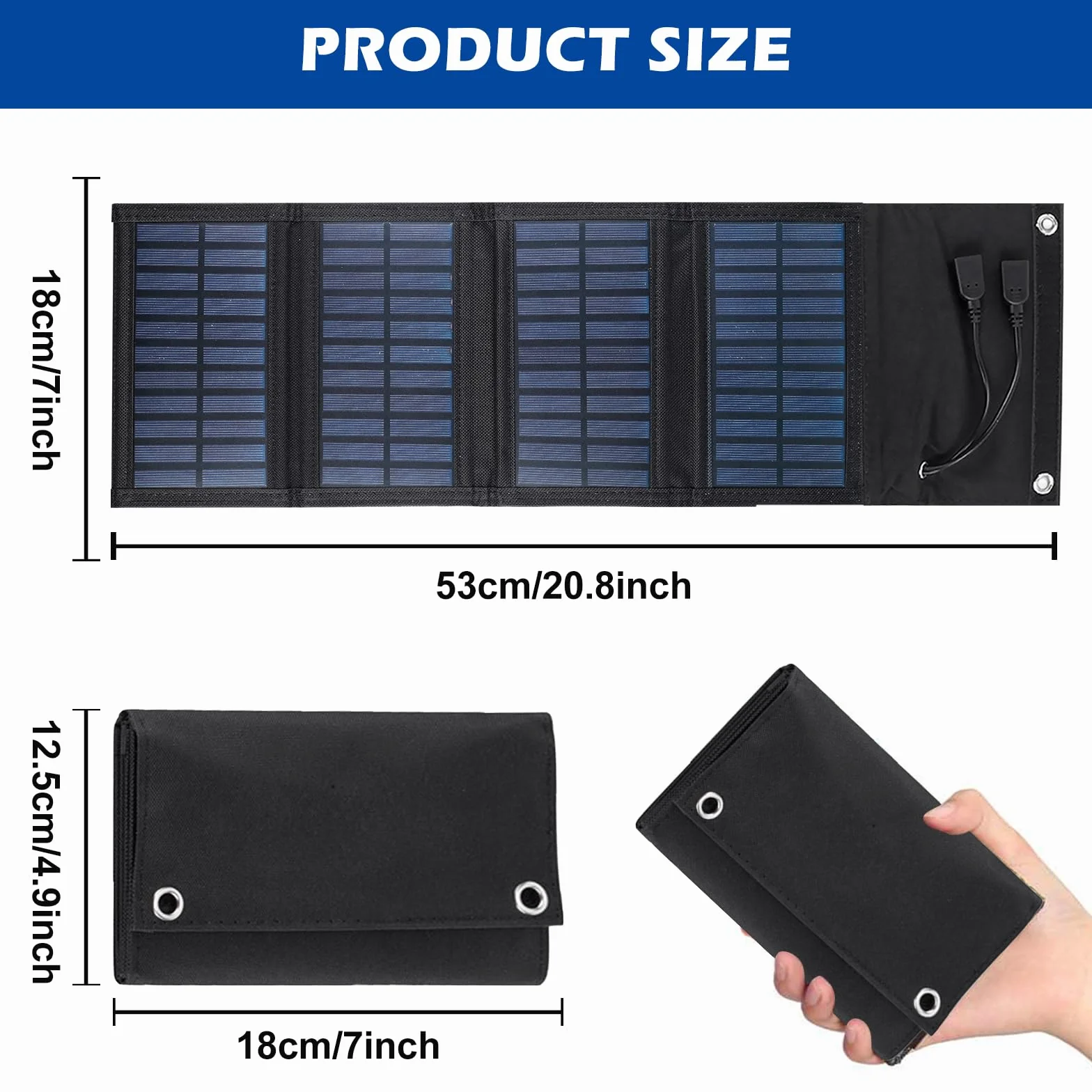 Składany panel słoneczny 10 W – przenośna ładowarka solarna 5 V, 2 USB, panel słoneczny, wodoszczelny, do aktywności na świeżym powietrzu, na kemping, do ładowania energią słoneczną, do telefonu
