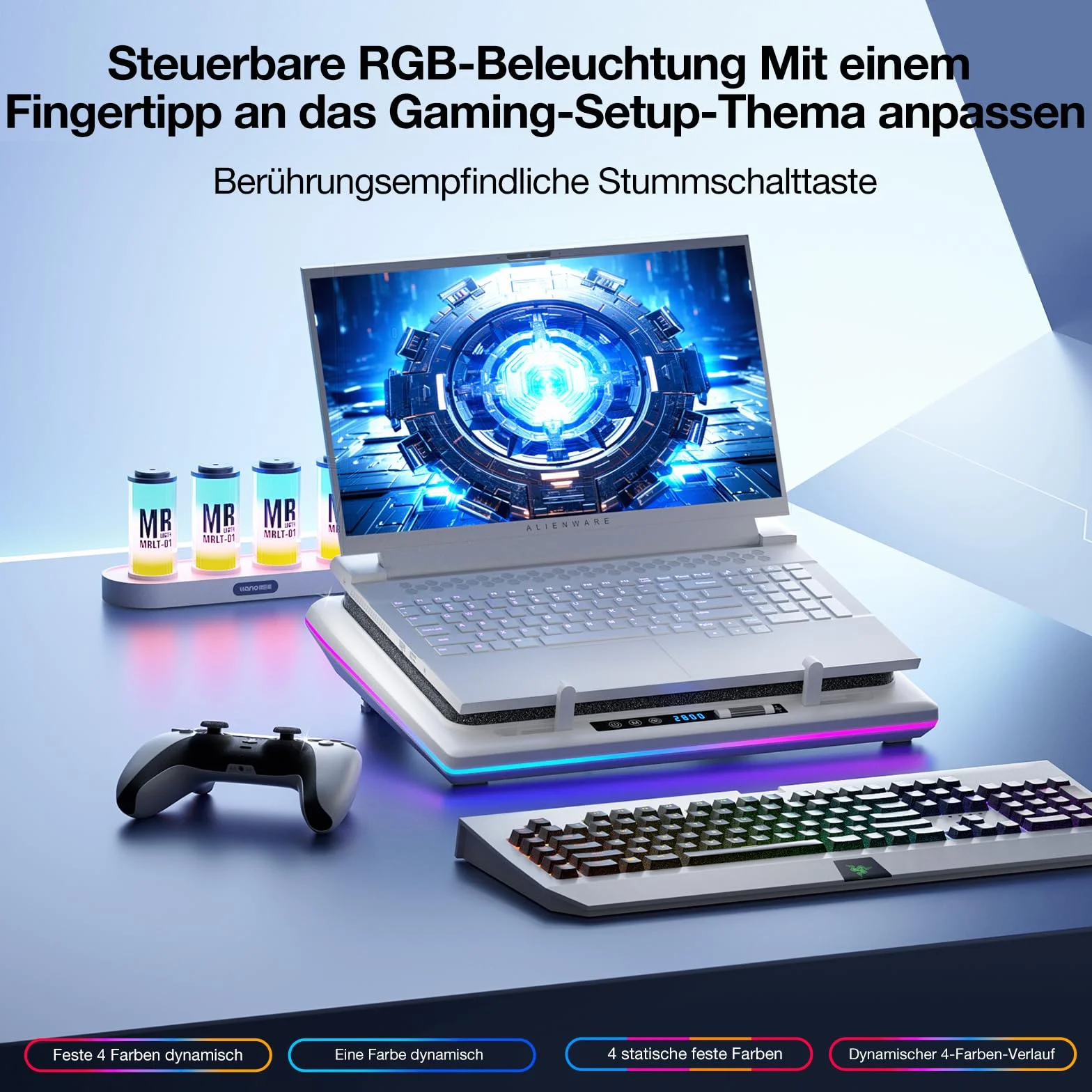 Chłodnica do laptopa z RGB 14 cm bardzo duży wentylator turbo, regulowana prędkość, pianka uszczelniająca, 3-portowy koncentrator USB do laptopów 39,6 cm