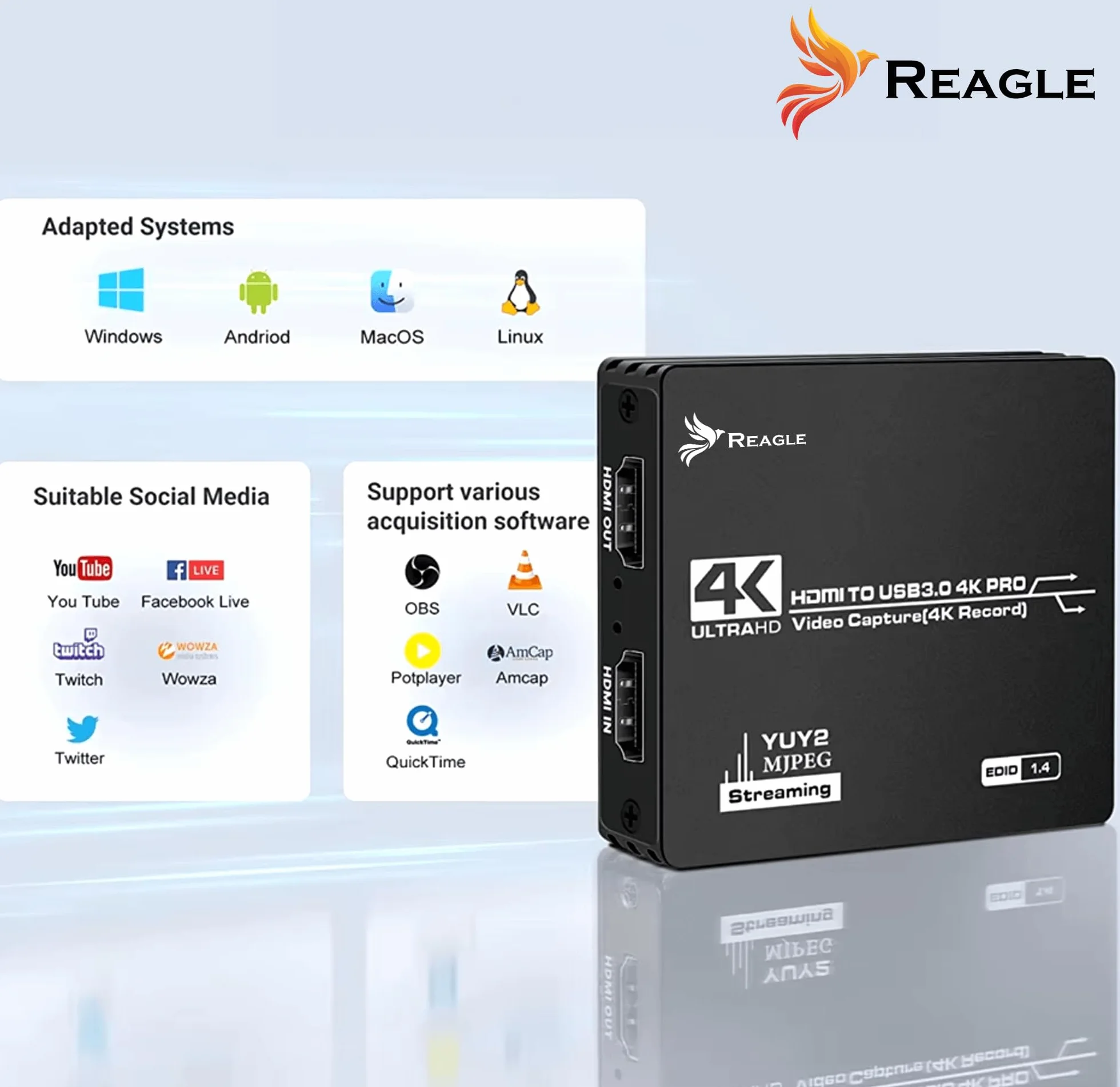Reagle HDMI Video Capture Card 4K 60Hz USB 3.0 YUY2 OBS HDCP Game Capture do konsoli, kamery Plug & Play Stereo Audio HDMI Loop-Out aluminiowa obudowa