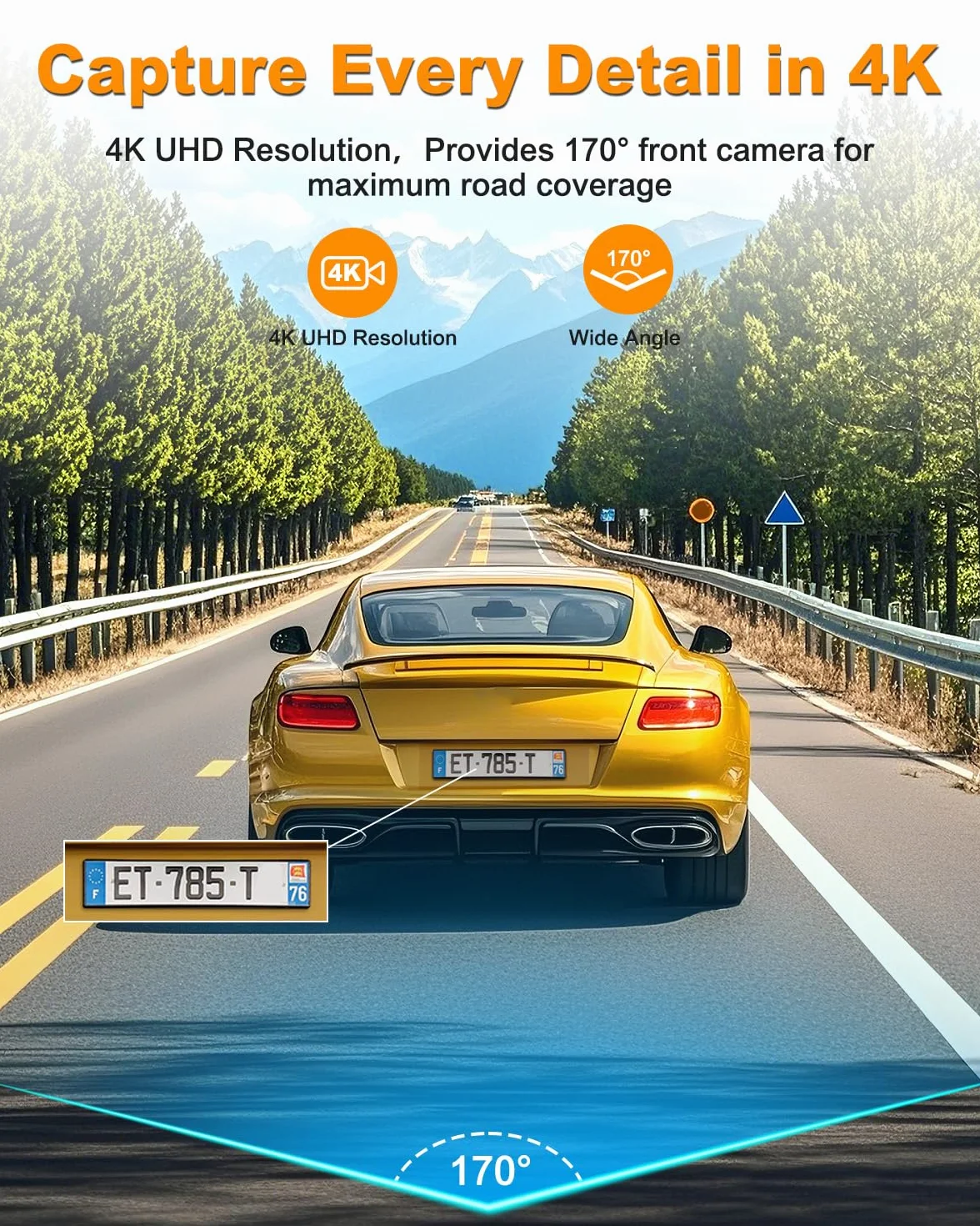 Kamera samochodowa, przednia 4K, wbudowane WiFi 5 GHz, z CPL, UHD 2160P, karta 64 GB, monitor parkowania 24 godz., super noktowizor, WDR, czujnik G, sterowanie aplikacją, kąt 170°, maks. 256 GB