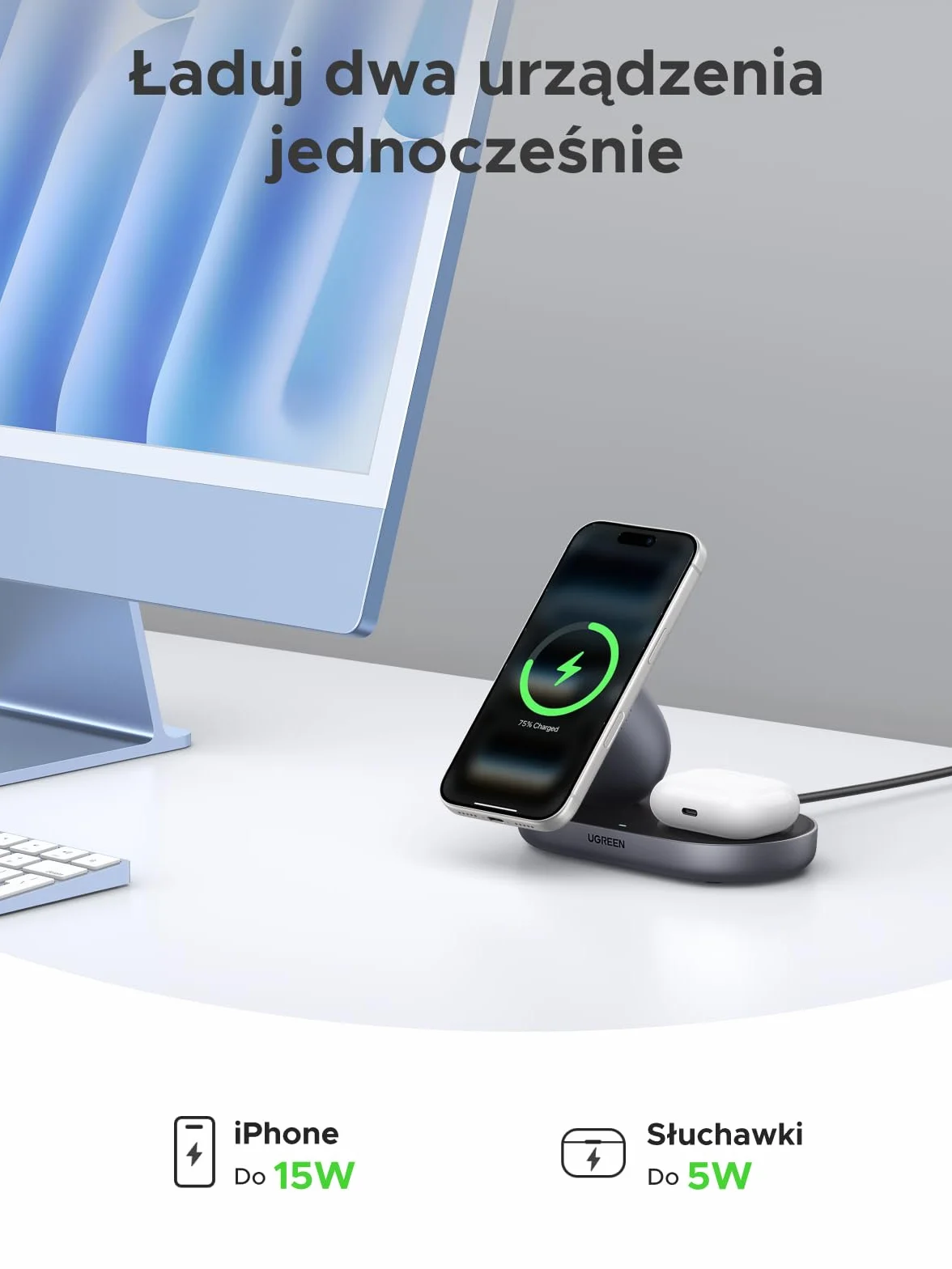 UGREEN Zapix 2 w 1 Magnetyczna ładowarka Bezprzewodowa 15W, stacja ładowania iPhone'a z certyfikatem Qi2, kompatybilna z MagSafe dla serii iPhone 17/16/15/14/13/12 i AirPods, z kablem 1m – Czarny