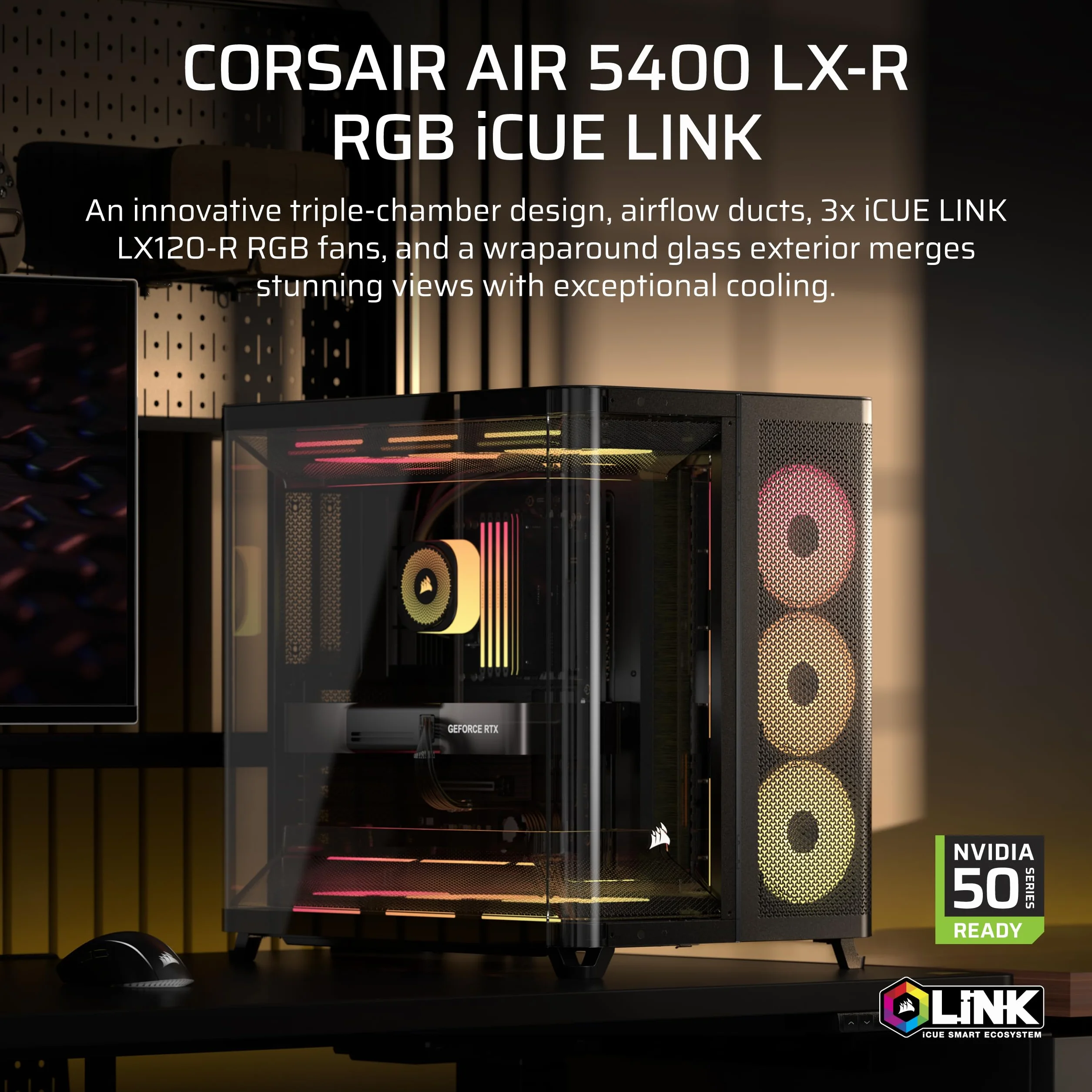 CORSAIR AIR 5400 LX-R RGB iCUE LINK trzykomorowa obudowa Mid-Tower Panoramiczna PC – 3 x wstępnie zainstalowane wentylatory LX-R RGB z odwróconym wirnikiem, niski poziom hałasu, kanały o wysokim