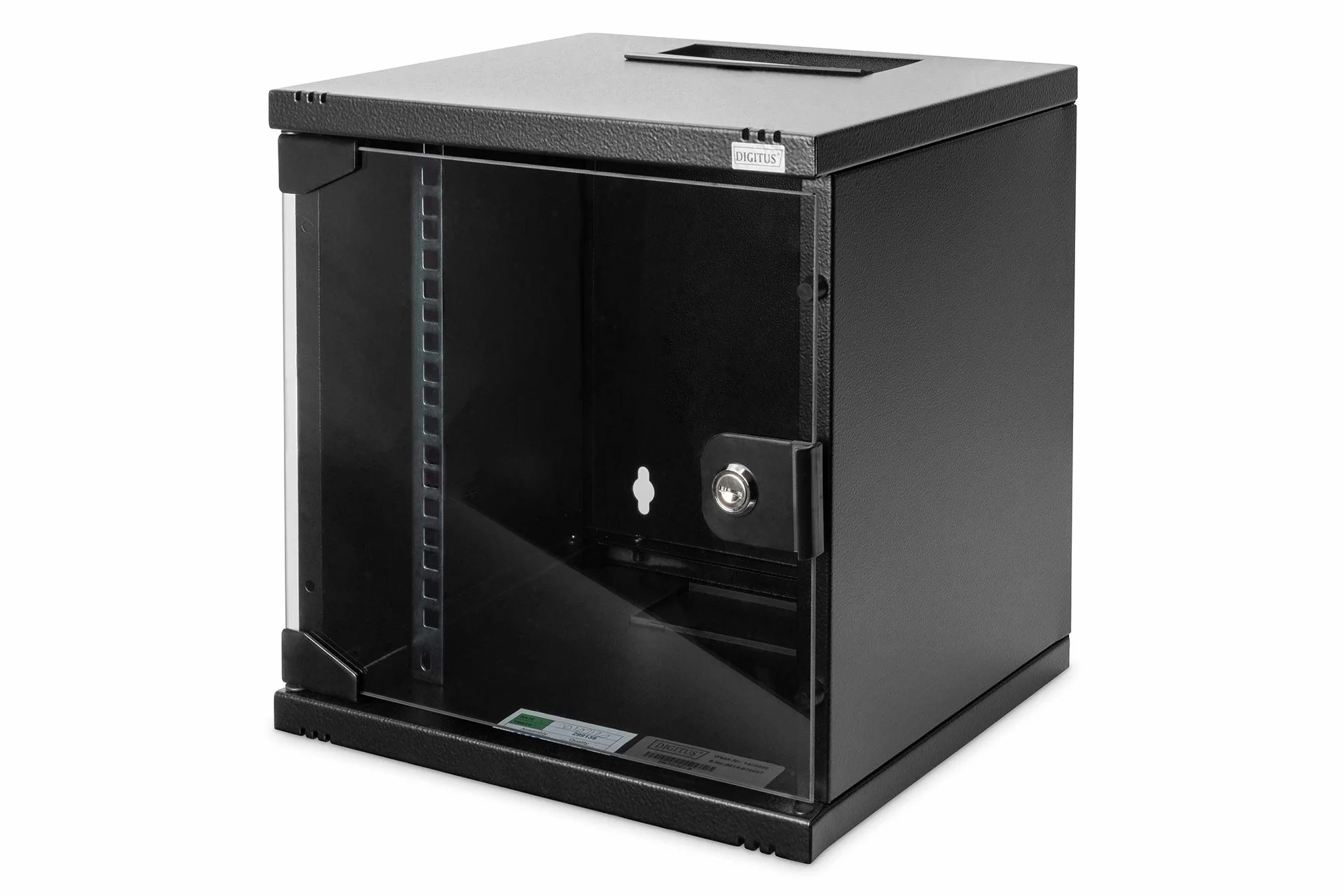 DIGITUS Szafka sieciowa 10 cali – 6U – montaż naścienny – wys. x szer. x gł. 330 x 312 x 300 mm – głębokość użytkowa 240 mm – nośność 30 kg – drzwi z bezpiecznego szkła – seria SOHO – czarny