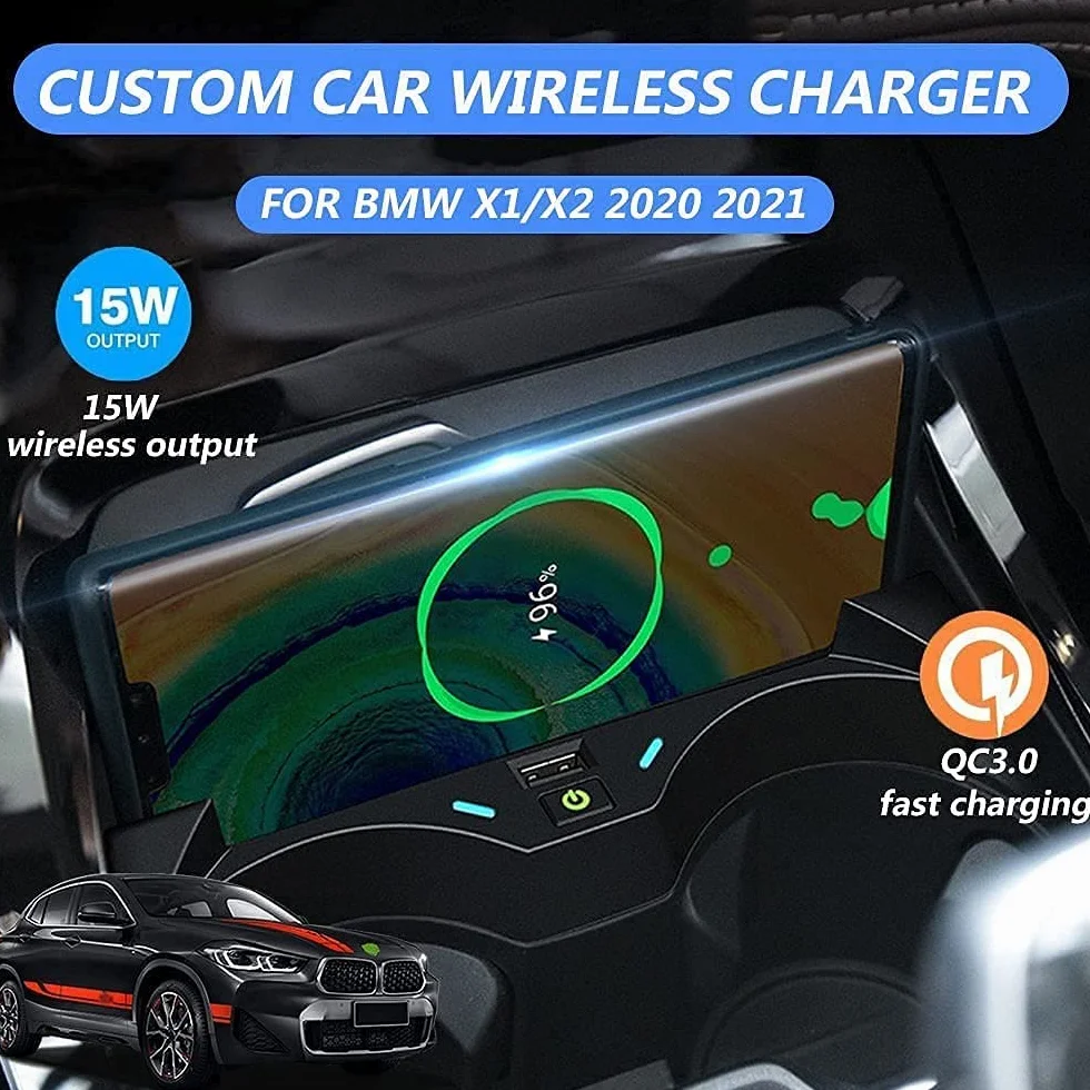 Bezprzewodowa ładowarka samochodowa kompatybilna z BMW X1/X2 2016 2017 2018 2019 2020 2021 panel akcesoriów, szybkie ładowanie Qi ładowarka do telefonu z QC3.0 USB
