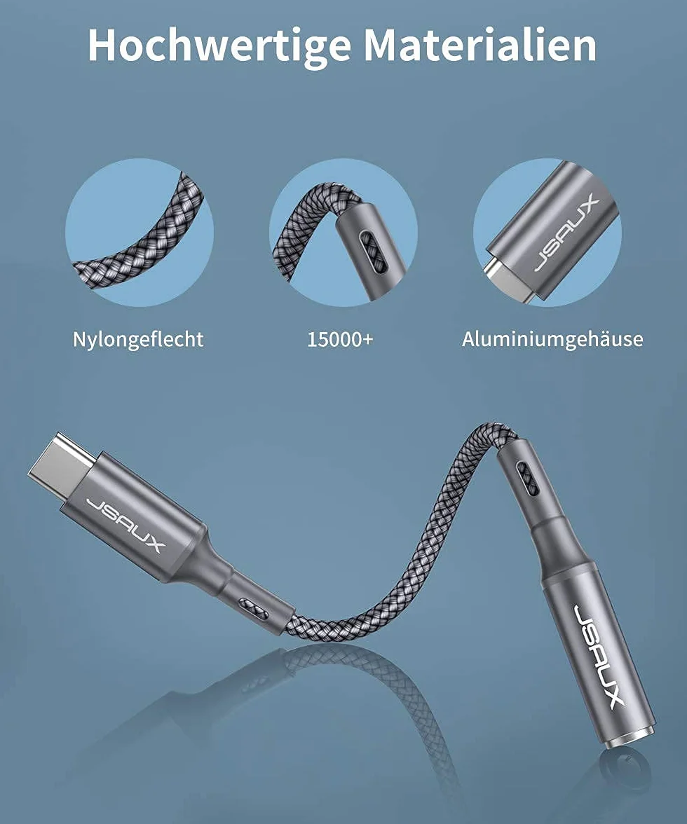JSAUX Adapter USB C do jack 3,5 mm, gniazdo jack typu C AUX adapter audio kompatybilny z iPhone 17 Pro Max/16 Pro/15 Pro Max/15 Pro, Samsung S24/S23/S22/S21, iPad Pro, Pixel 6/4XL-szary