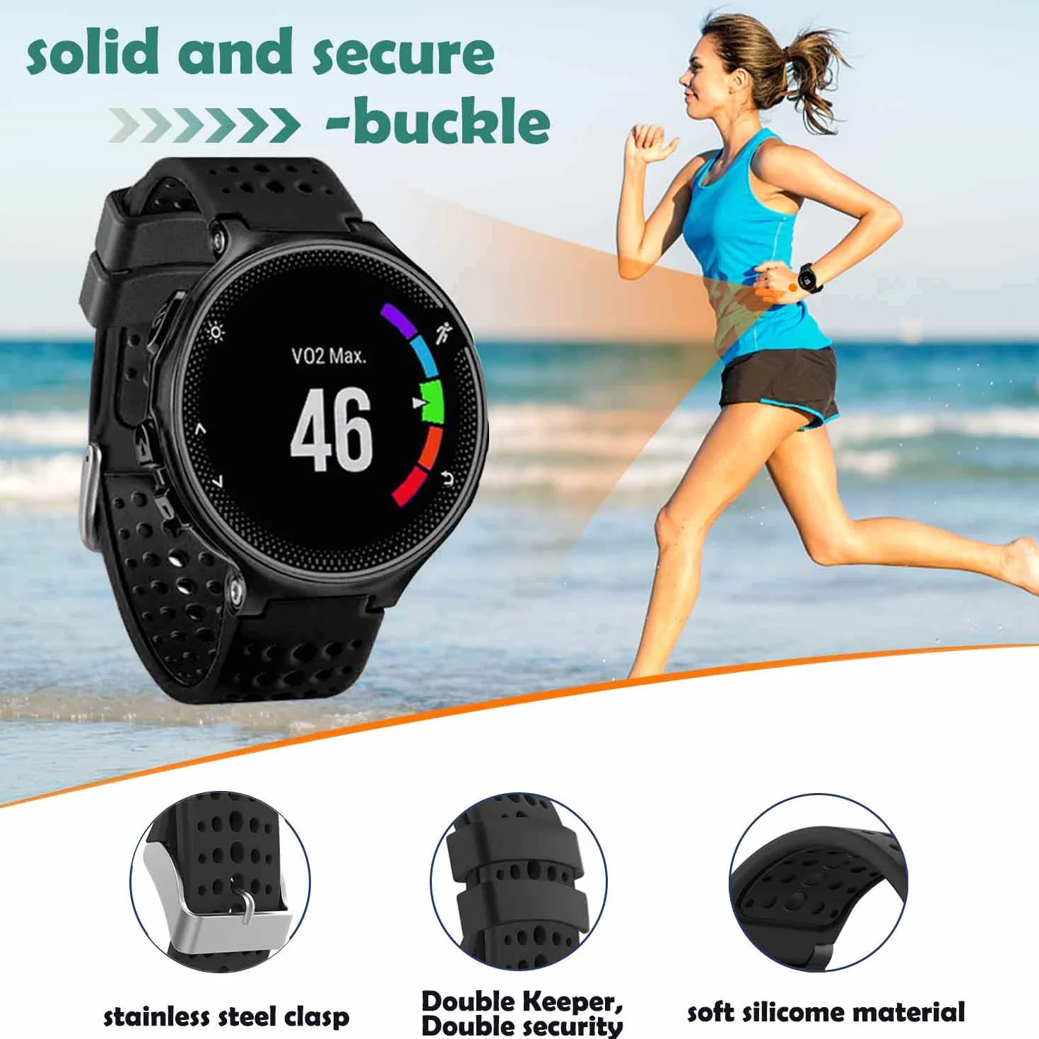 Pasek kompatybilny z zegarkiem Garmin Forerunner 235, miękki silikonowy zamiennik paska do smartwatcha 220/230/235/620/630/735XT/235 Lite dla kobiet, mężczyzn (6-2)