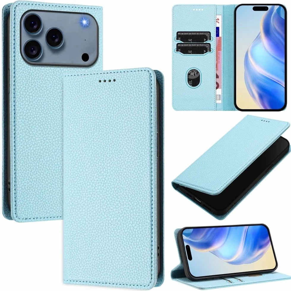 etui kompatybilne z iPhone 17 Pro (kolor: JASNOBIESKI) Ziarna skórzany portfel z klapką magnetyczne etui na tył