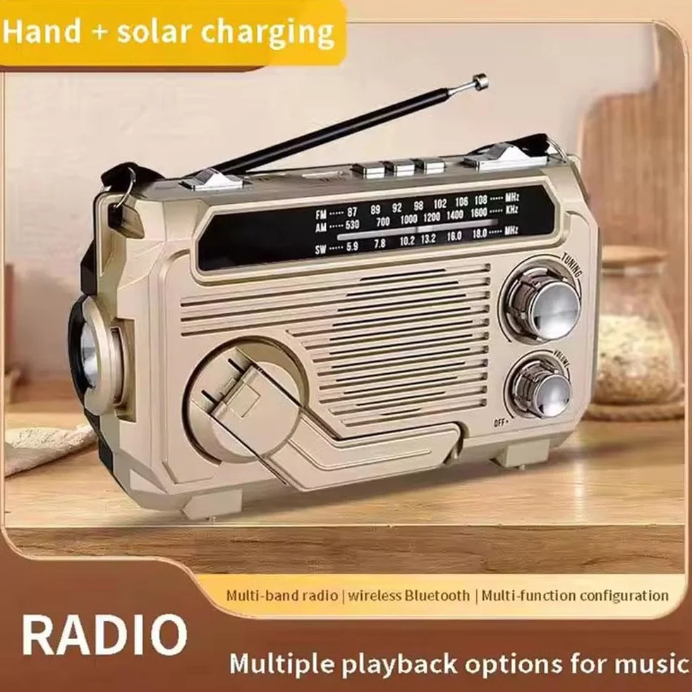 Radio z korbą ręczną do ładowania słonecznego, przenośne radio survivalowe FM/AM/SW, radia awaryjne, ładowalne, wielokanałowe radio o niskiej mocy, Bluetooth 5.2, głośnik odtwarzacz muzyczny, obsługa