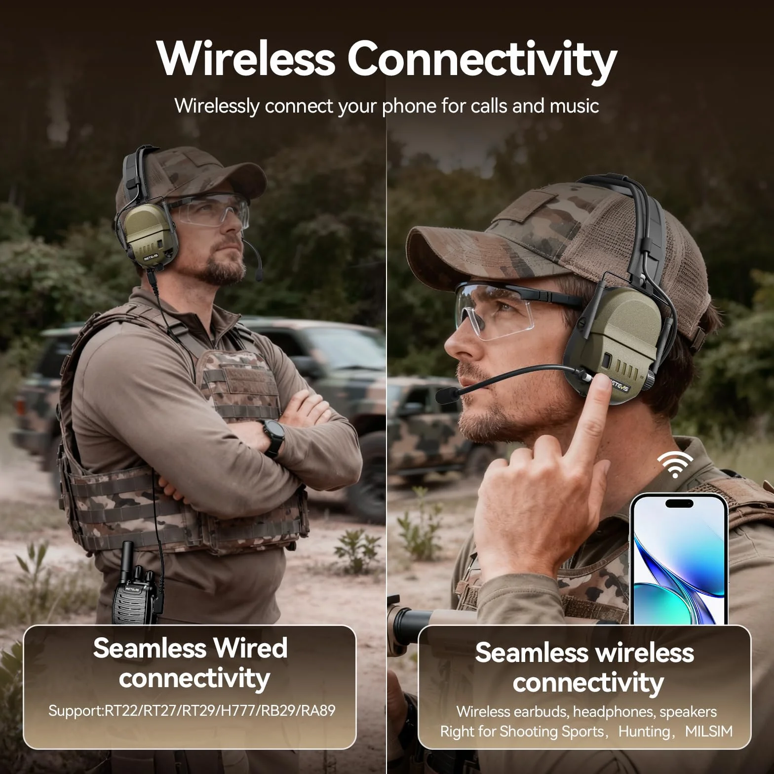Retevis EH080K Taktyczny Zestaw Słuchawkowy, Elektroniczna Redukcja Szumów, Zestaw Słuchawkowy do Polowań, Bezprzewodowy, Słuchawkowy Walkie Talkie, Kompatybilny z RT24 RT27 H777 RA89 RT85 RT86(1Szt)