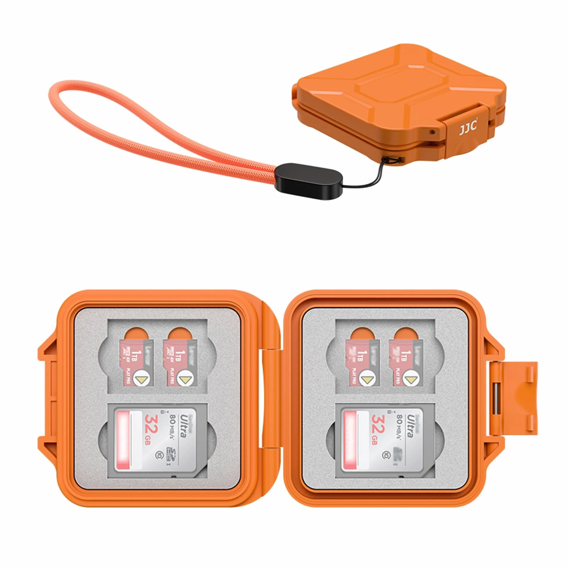 JJC Przenośne etui na karty pamięci na 4 karty SD i 8 kart Micro SD, pomarańczowe | Smukłe etui na karty SD 16,4 mm, wodoodporna powłoka ABS, odporna na wstrząsy wyściółka z pianki EVA, smycz w zestawie