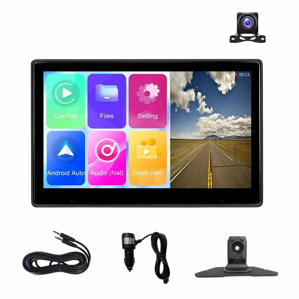 Ekran dotykowy 10,1, bezprzewodowy Carplay i Android Auto, akcesoria zamienne, przenośny samochodowy odtwarzacz multimedialny, kamera 4K DVR z kamerą
