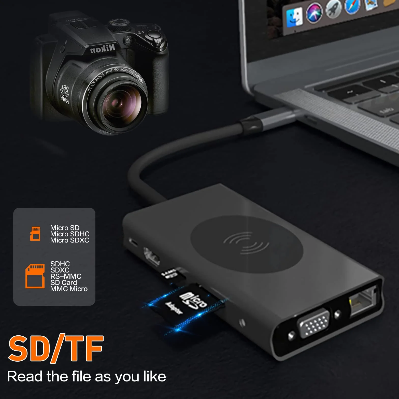 Adapter/Hub USB C z bezprzewodowym ładowaniem, 13 w 1, z HDMI 4K, VGA, 2 x USB 3.0, USB C 3.0 i 2.0, RJ45, Power Delivery 100 W, SD/TF i 3,5 mm AUX, kompatybilny z MacBookiem Pro i innymi laptopami