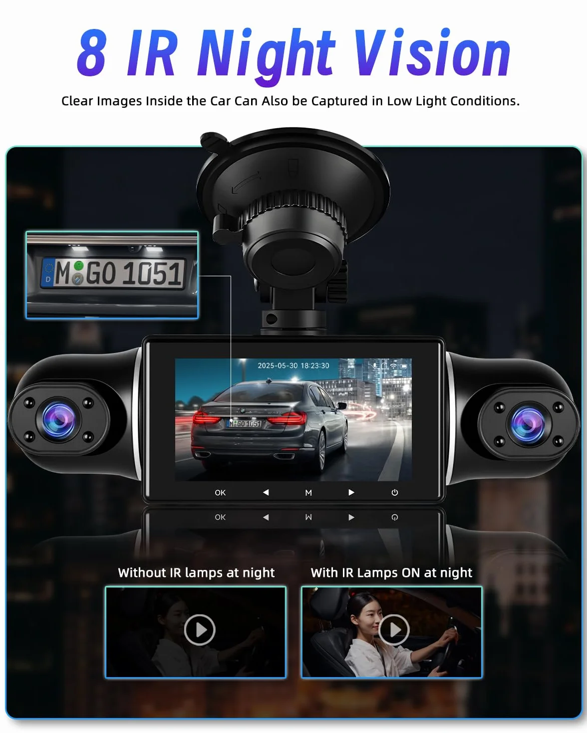 NHOPEEW 1080P 5-kanałowa kamera na deskę rozdzielczą 360° – kamera na deskę rozdzielczą z dwoma kamerami cofania, soczewkami wewnętrznymi i przednimi – nagrywanie w pętli czujnika G, widoczność w nocy