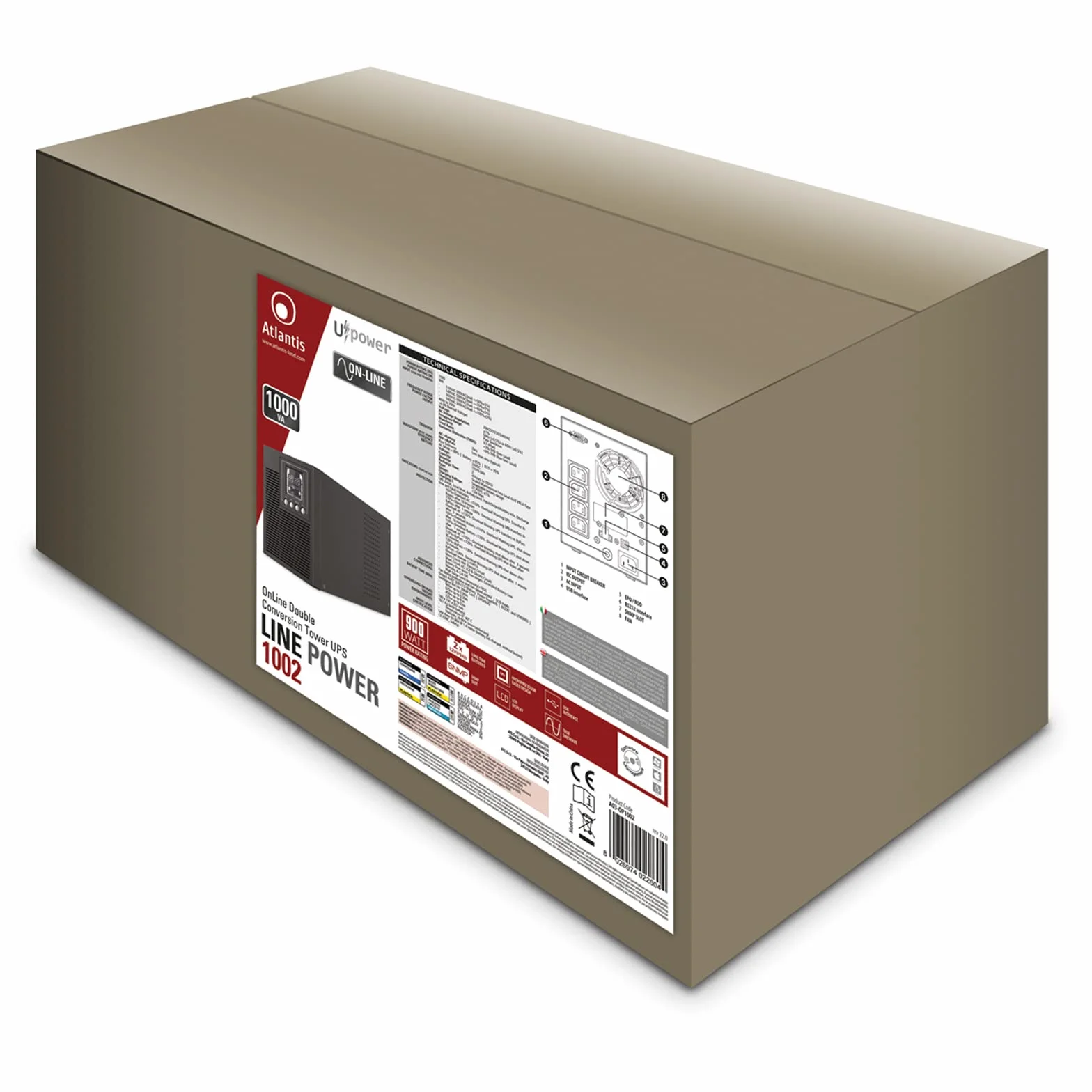 Atlantis A03-OP1002 UPS OnLine zasilacz awaryjny z podwójną konwersją czystej fali sinusoidalnej 1000 VA 900 W, Tower, wyświetlacz LCD, USB, szeregowy RS-232, 4 wyjścia IEC, port EPO, gniazdo SNMP, 2