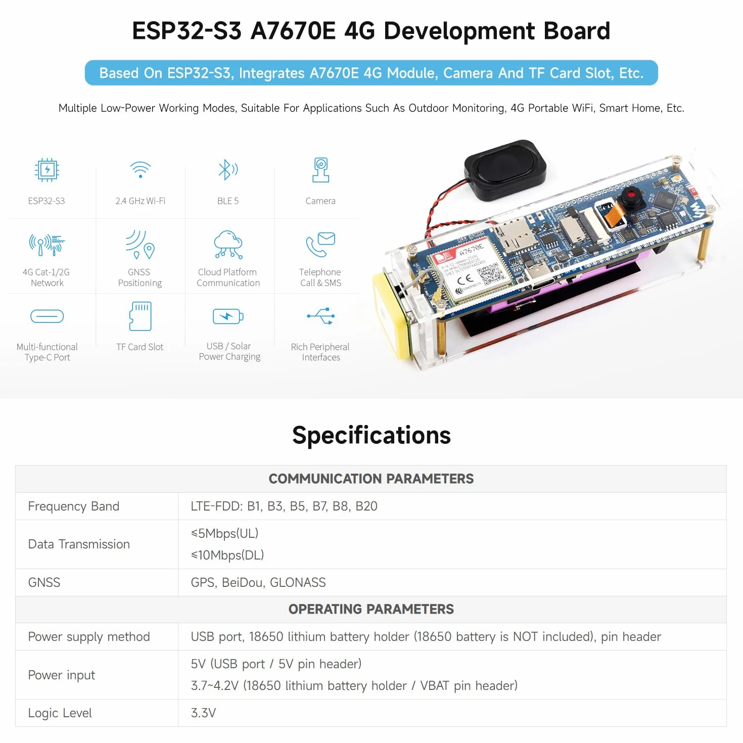 Waveshare ESP32-S3 A7670E 4G Development Board, with Camera/Speaker/Antenna | LTE Cat-1/2G/WiFi/BT/Telephone Call/SMS/GNSS Positioning Support, For 4G Portable WiFi